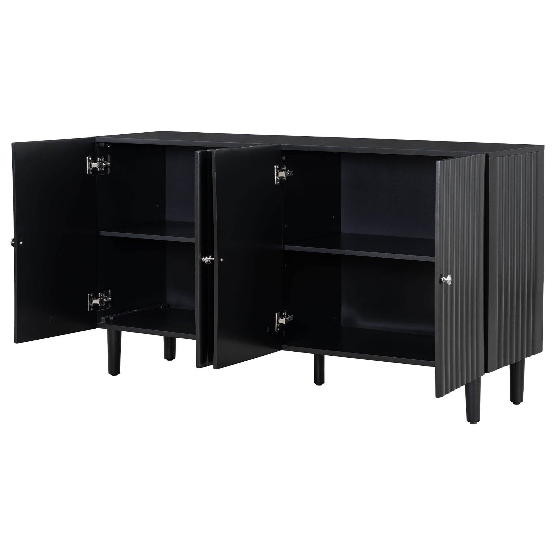 Elegant Four Door Sideboard With Wavy Pattern Doors, Cylindrical Legs, And Sleek Metal Handles, Adjustable, Suitable For Study, Entryway And Living Room Black Primary Living Space American Design