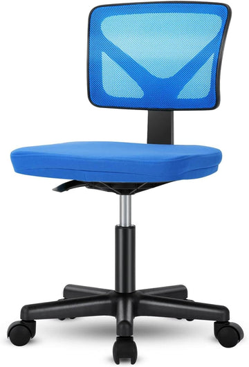 Low Back Mesh Armless Office Chair,Swivel Rolling Computer Chair No Arms With Lumbar Support, Blue Blue Metal