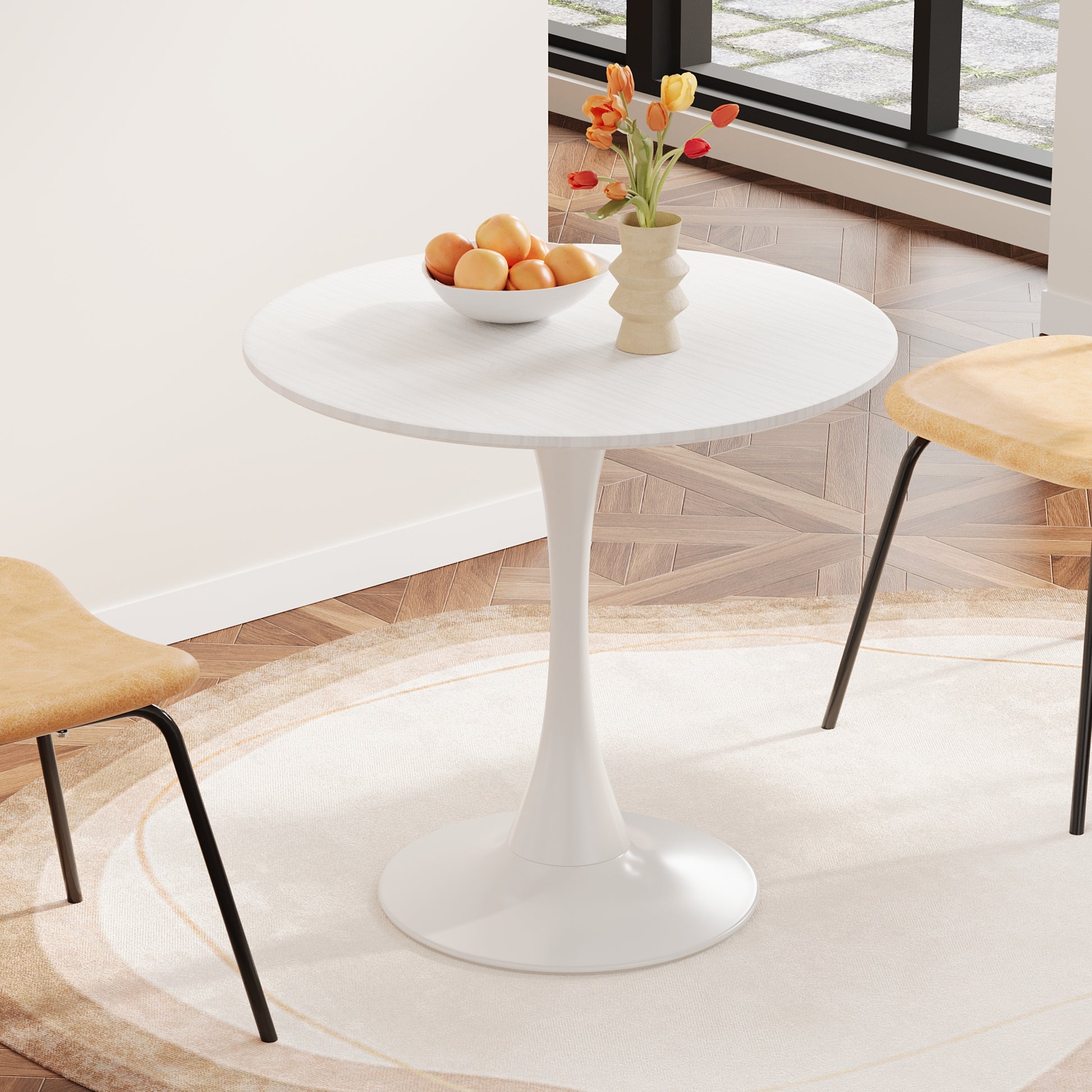 31.4 "Round Dining Table, Medieval White Tulip Dining Table, 2 3 Person Metal Base Dining Table, Easy To Assemble Casual Coffee Table, Office Desk White Mdf