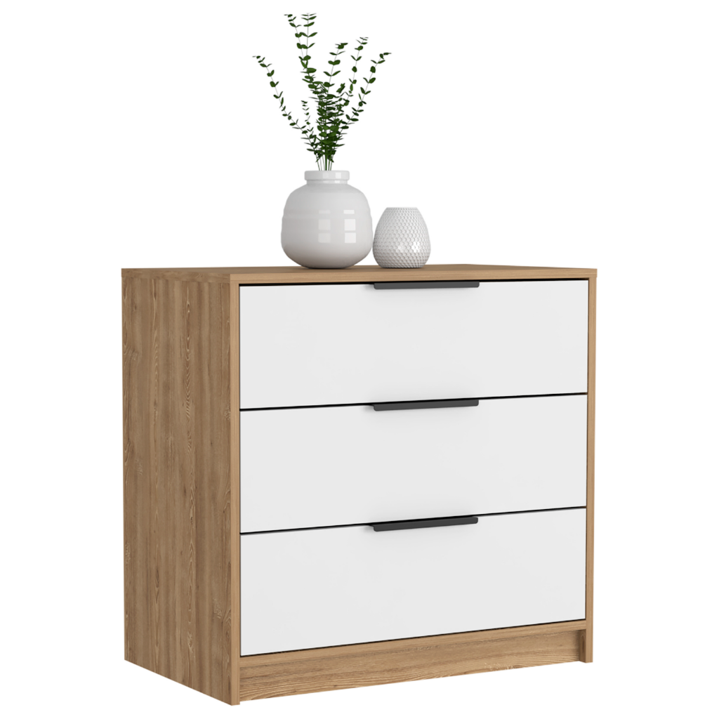 Dresser 27"H, 3 Drawers Dresser, Superior Top, White Light Oak Multicolor Particle Board Particle Board