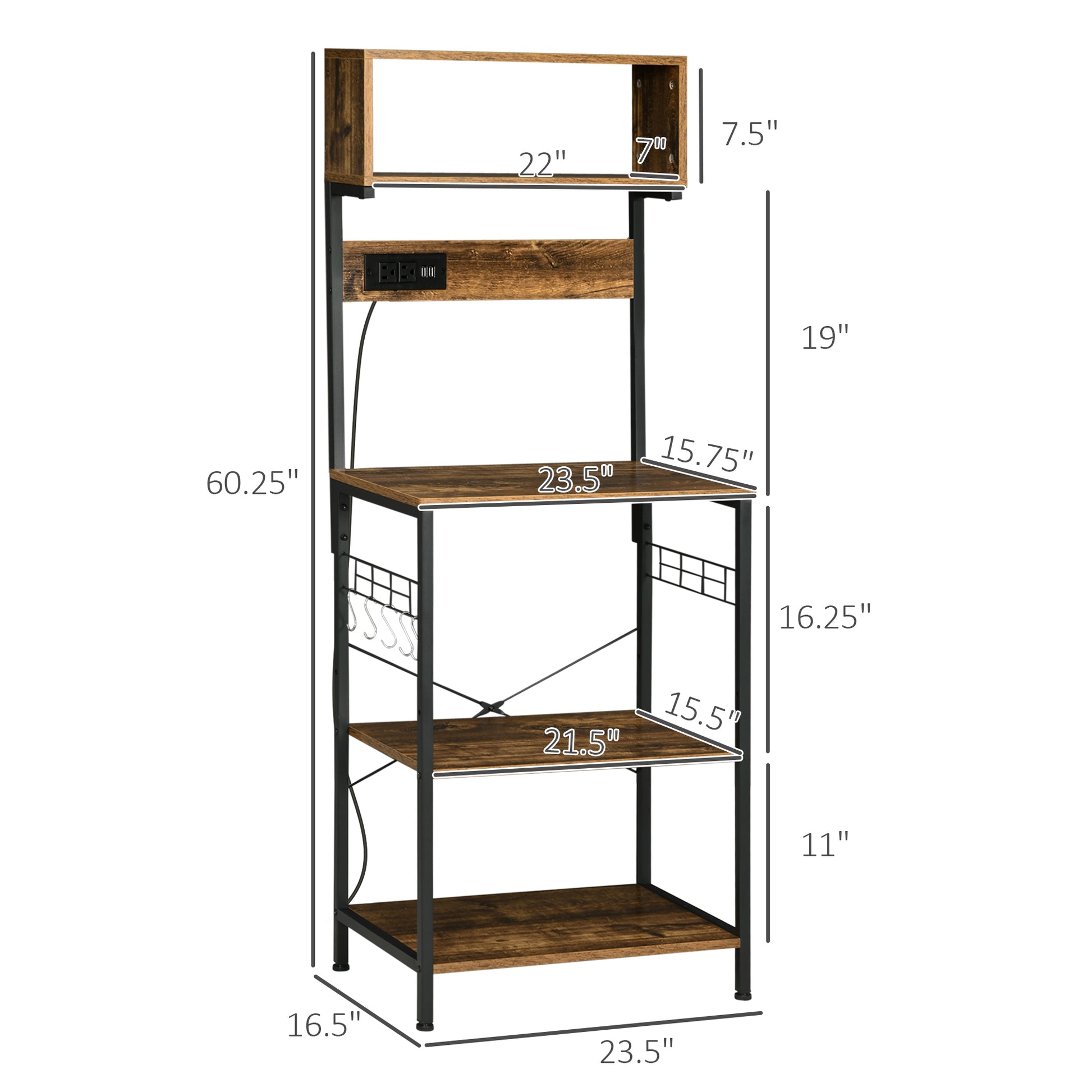 Homcom Kitchen Bakers Rack With Power Outlet, Usb Charger, Microwave Stand, Coffee Bar With Adjustable Shelves, 5 Hooks For Spices, Pots And Pans, Rustic Brown Rustic Brown Particle Board