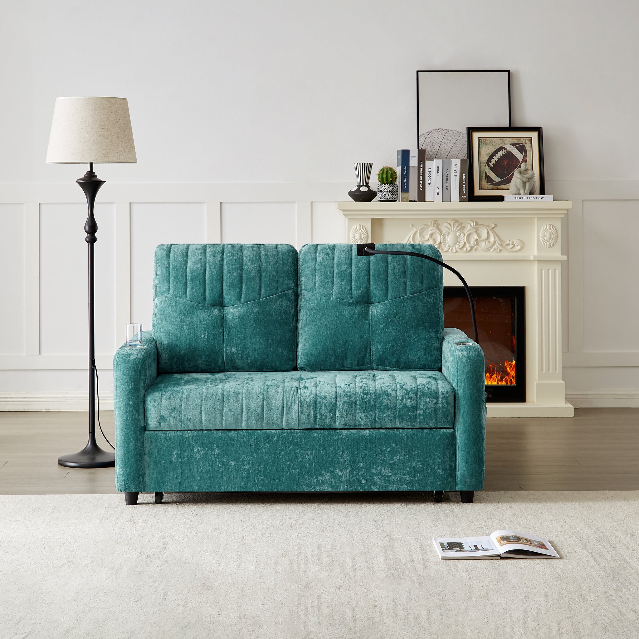 53.9" Modern Loveseat Pull Out Sofa Bed With Adjustable Backrest, Two Cup Holdersa Phone Holder, Three Charging Ports And Side Storage Pockets For Living Room, Teal Teal Foam Chenille