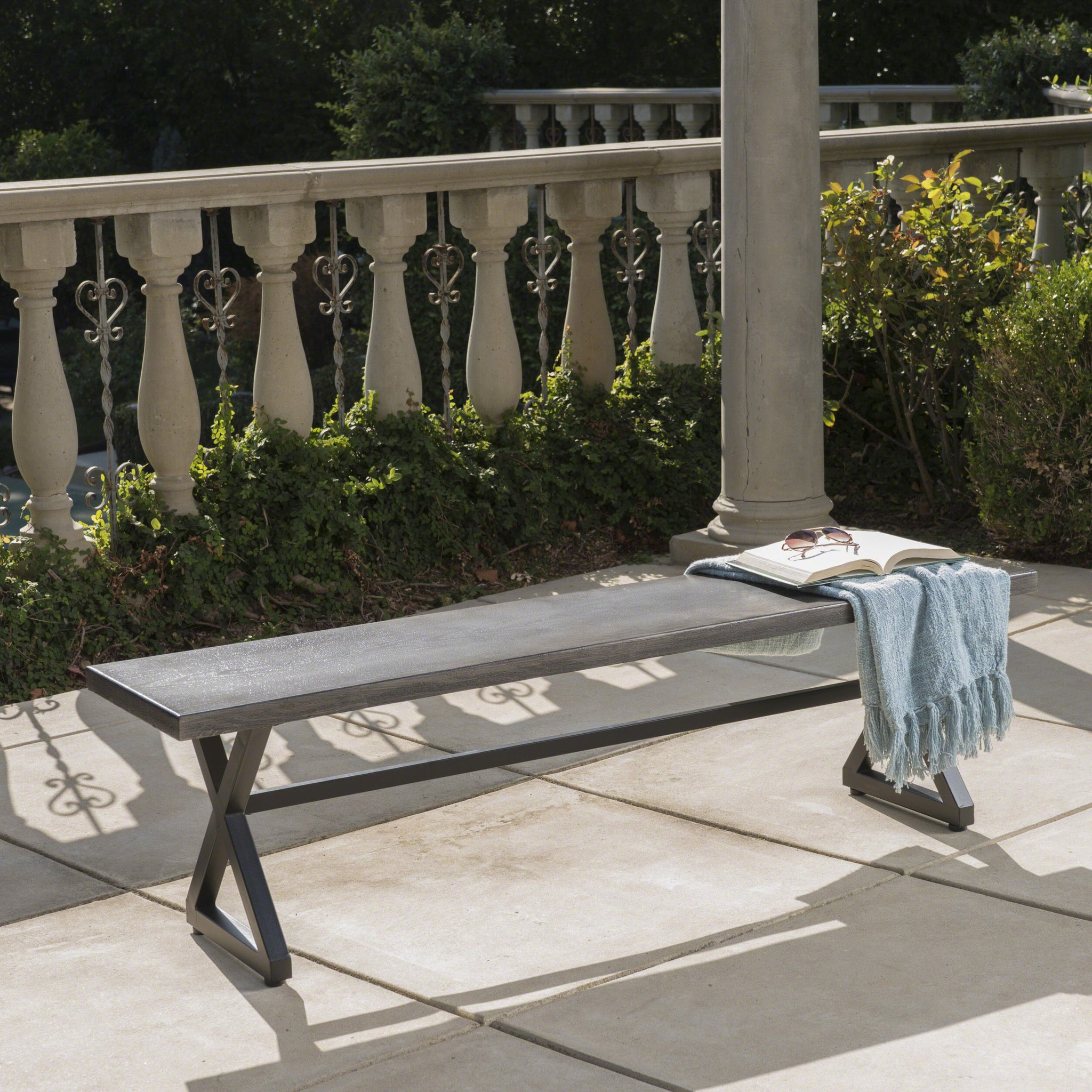 Outdoor Aluminum Dining Bench With Steel Frame, Grey Black Grey Black Aluminium