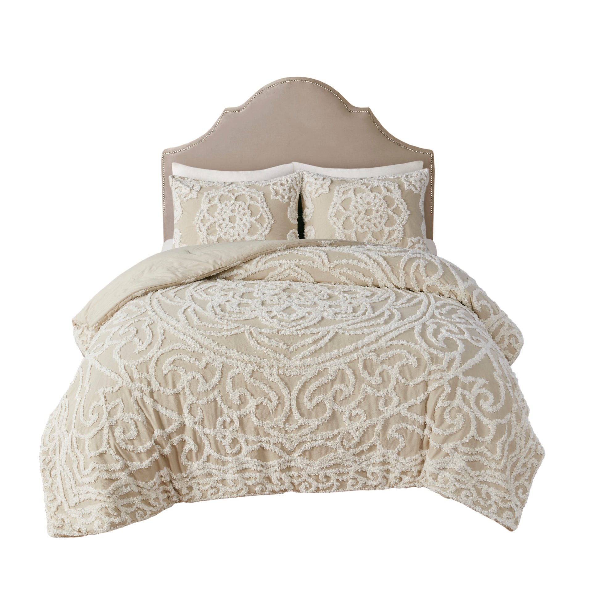 Tufted Cotton Chenille Medallion Comforter Set Taupe King Cal King King Taupe Polyester