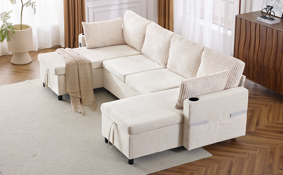 111.8" Sectional Sofa Pull Out Sofa Bed Versatile Sofa Sleeper With Large Storage Space, Two Usb Ports And Two Cup Holders For Living Room, Beige Beige Foam Chenille 4 Seat