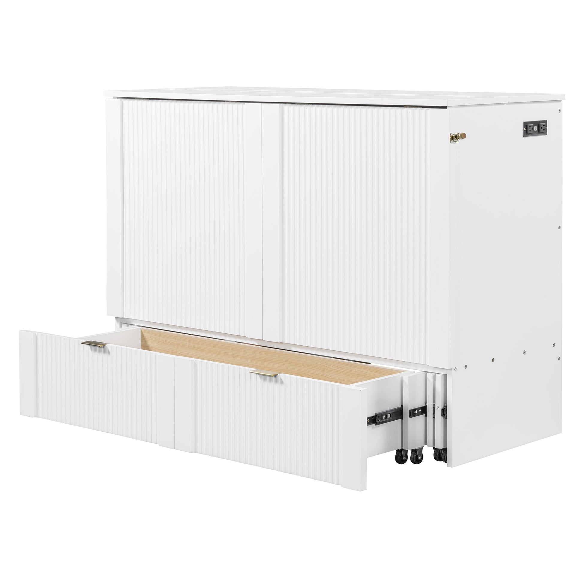 Full Size Murphy Bed With Drawer And A Set Of Sockets & Usb Ports, Pulley Structure Design, White Full White Plywood
