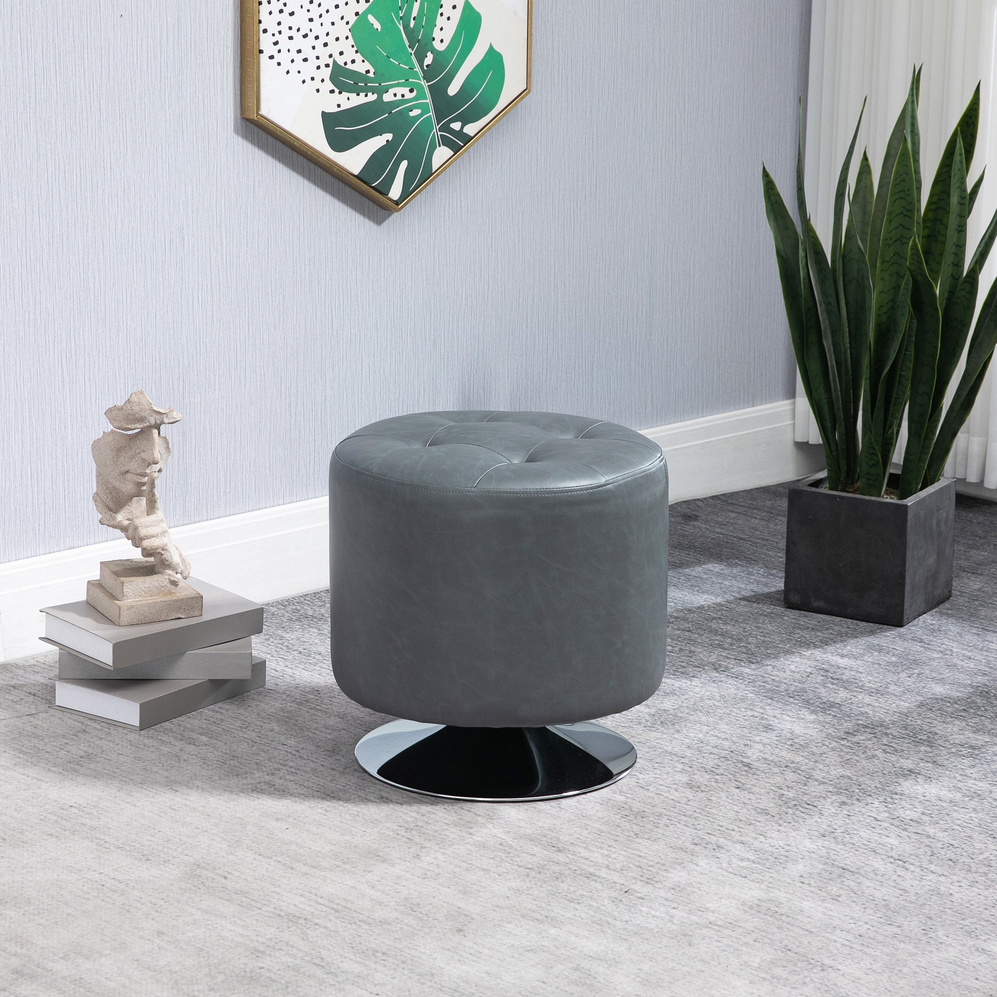 Homcom 360 Swivel Foot Stool Round Pu Ottoman With Thick Sponge Padding And Solid Steel Base, Grey Grey Steel