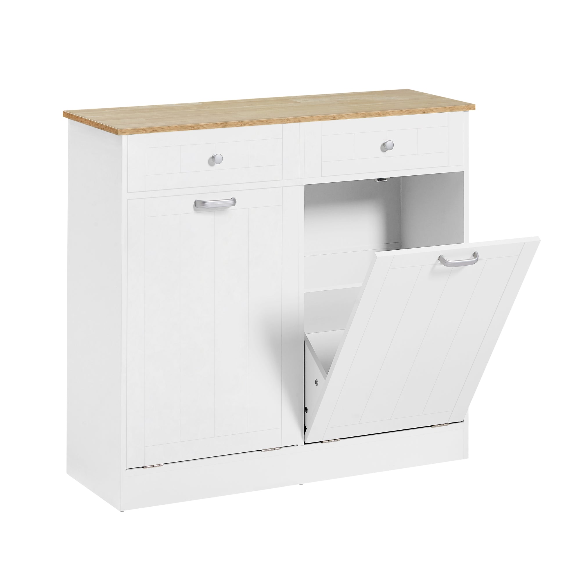 Two Compartment Tilt Out Trash Cabinet, Pet Proof Kitchen Trash Cabinet With Cutting Board, Free Standing Laundry Sorter Cabinet, Laundry Hamper, White White Light Oak Particle Board