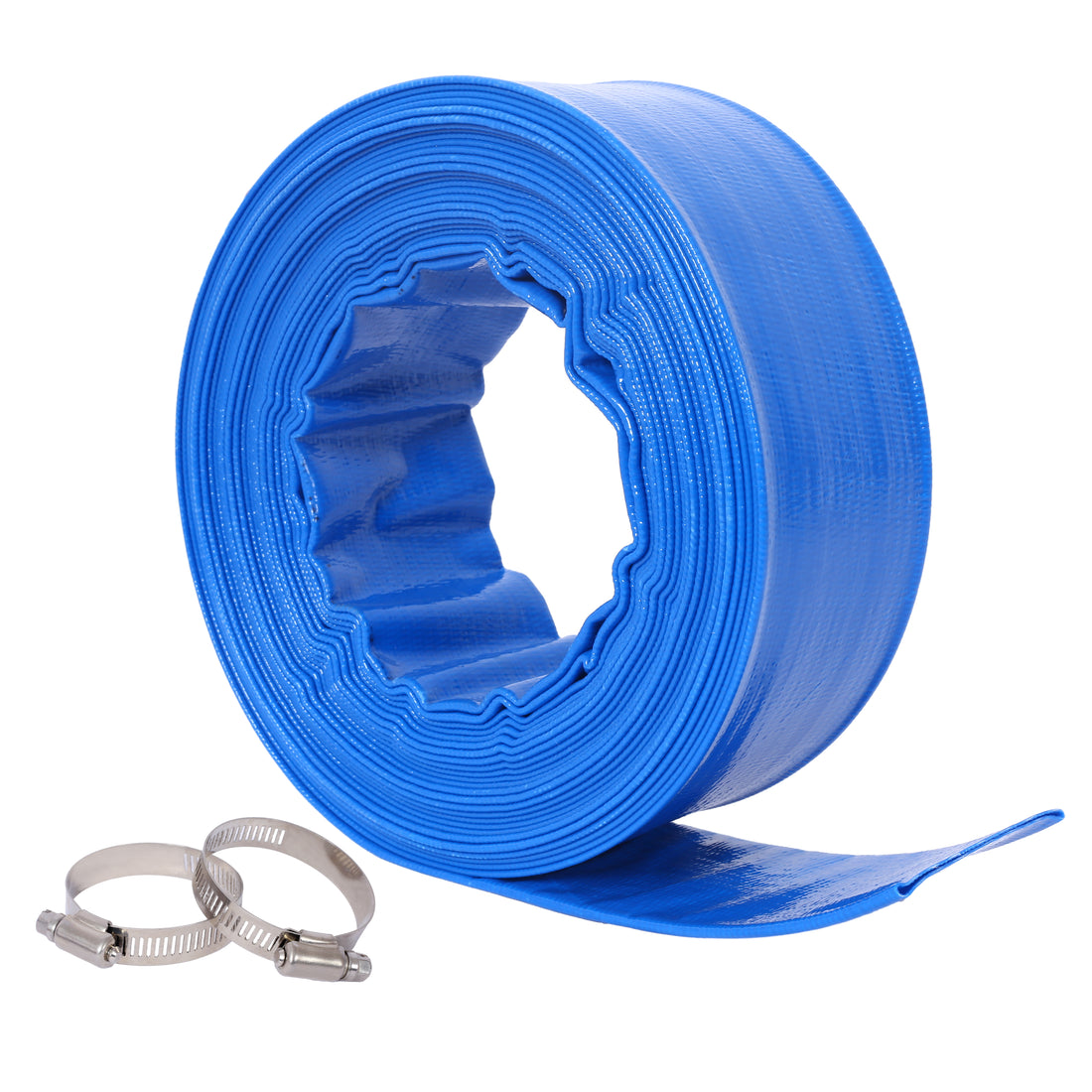 1 1 2" Flat 2.6" Widthx 50 Ft Pool Backwash Hose, Blue Heavy Duty Reinforced Pvc Lay Flat Water Discharge Hose For Swimming Pool Filter Pump,With 2 Clamp Blue Pvc