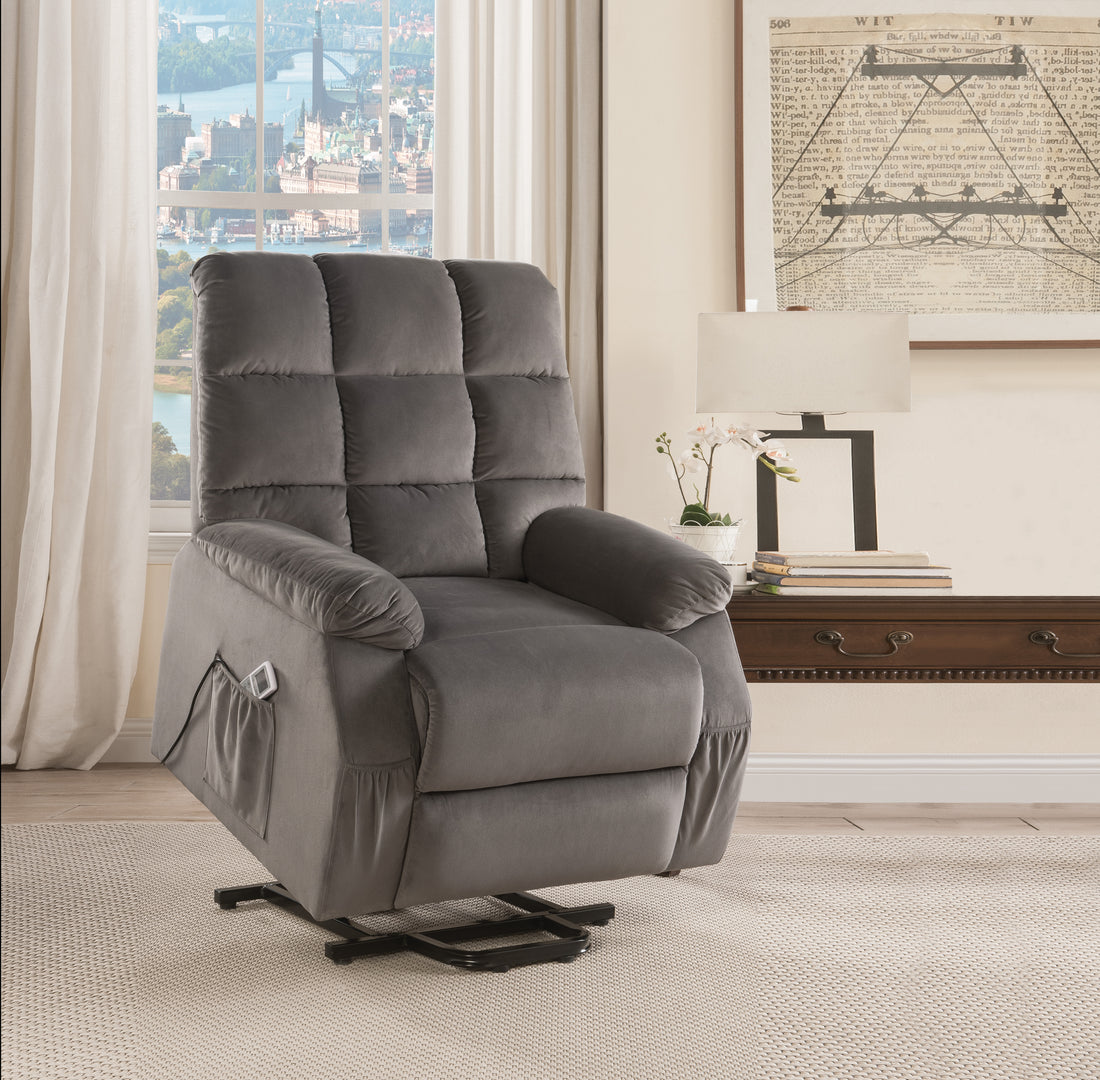 Grey Power Lift Recliner With Massage Grey Velvet Power Push Button Metal Primary Living Space Tight Back Push Button Pillow Top Arms Wood Fabric