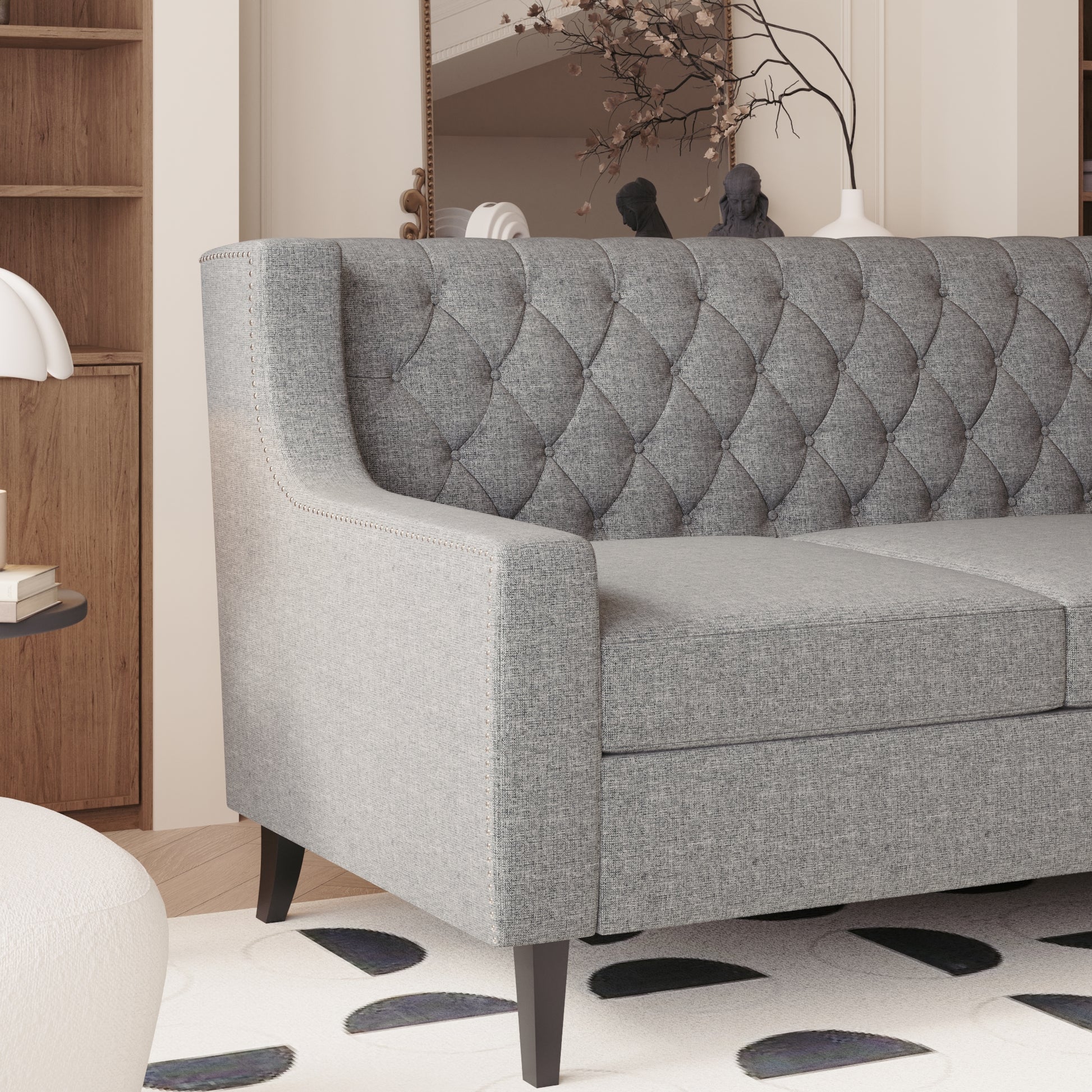 78.75'' 3 Seater Sofa, Button Tufted Backrest With Comfy Cushion, Mid Century Modern Couches For Living Room, Upholstered Comfy Sofa Couch For Bedroom, Apartment Grey Polyester 3 Seat