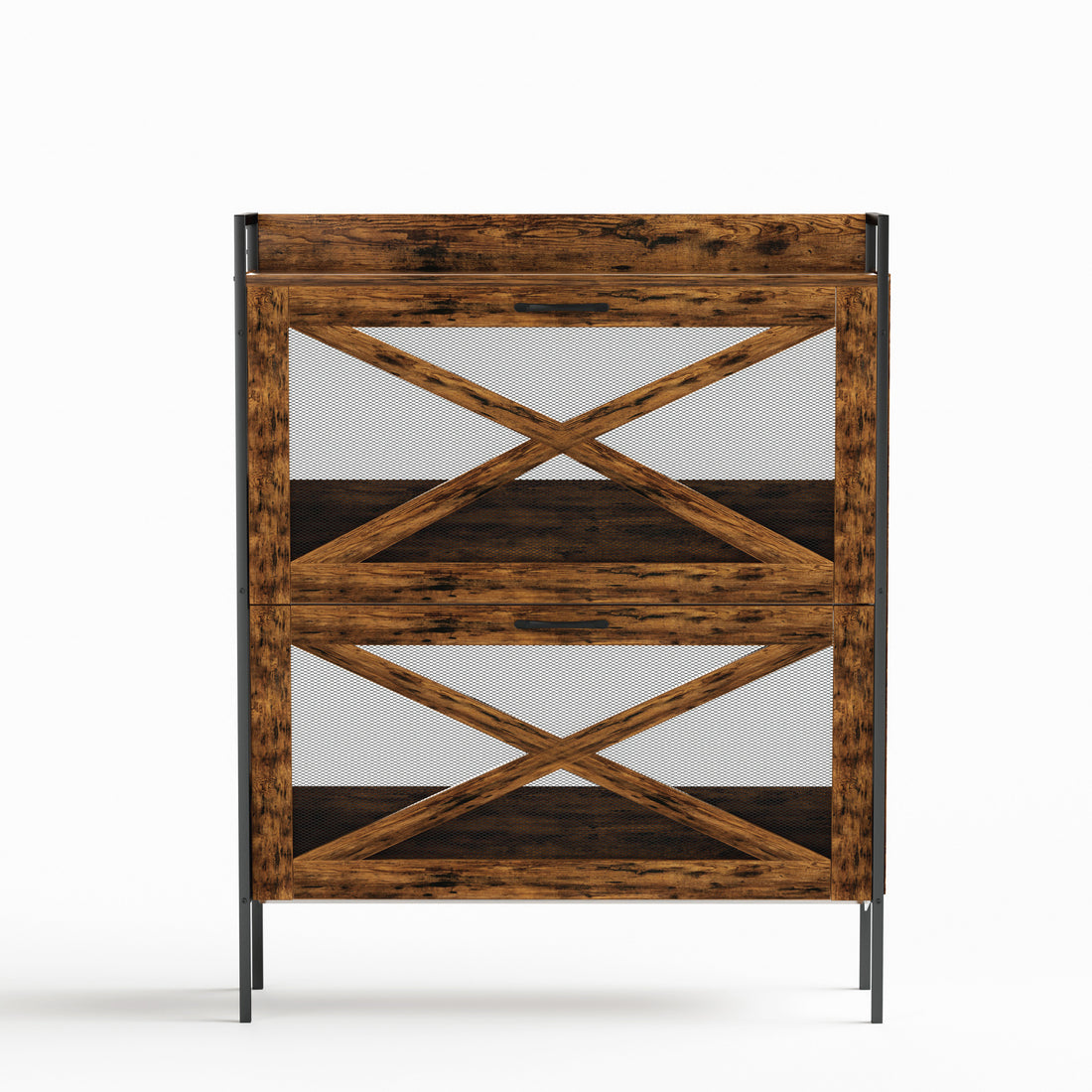 A Shoe Cabinet With 2 Flip Top Drawers, An Entryway Shoe Cabinet, A Narrow Standalone Shoe Rack Cabinet With Metal Legs, Rustic Brown,31.5'' W X 8.5'' D X 39.5'' H. Rustic Brown Particle Board