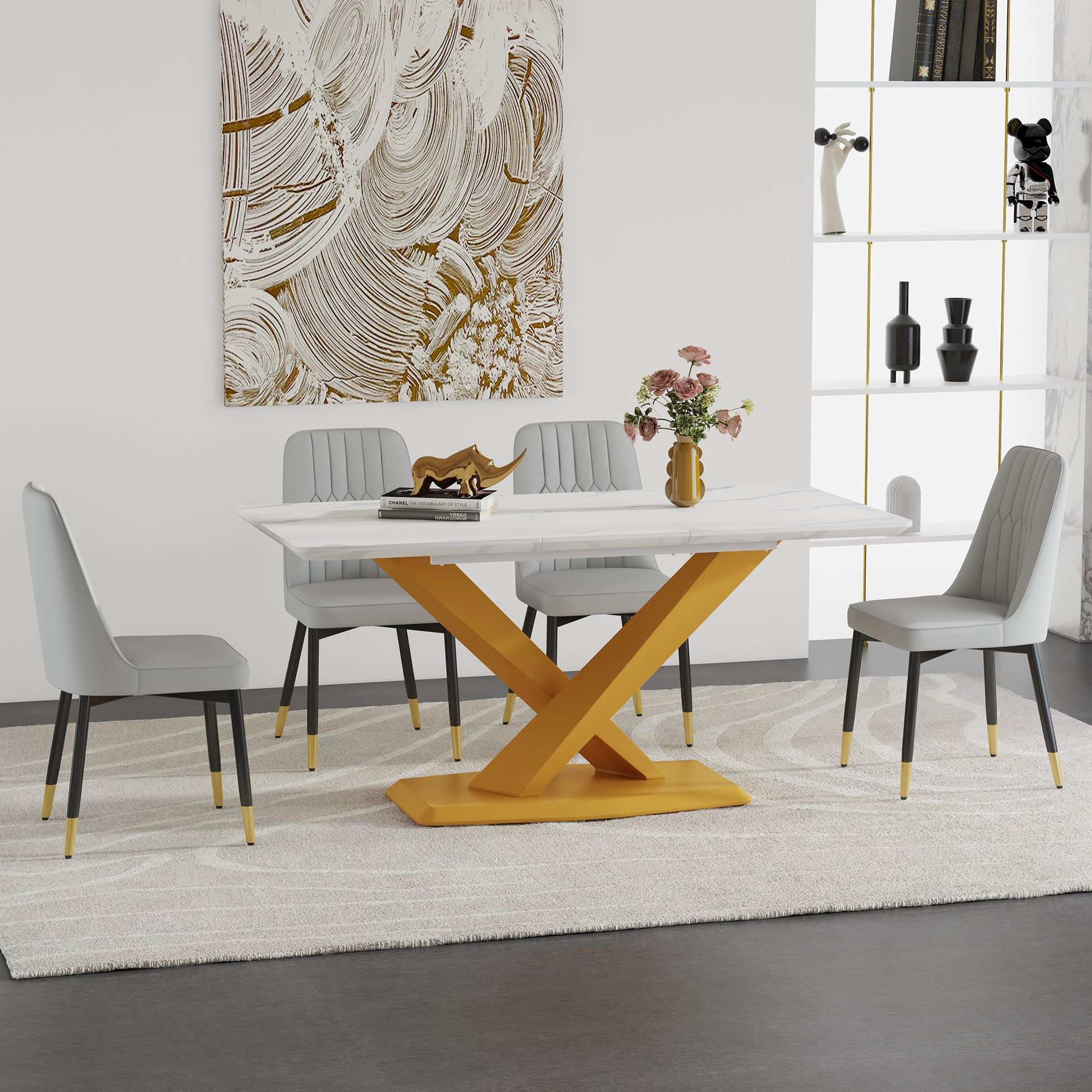 Table And Chair Set.The Table Is Equipped With A Marble Patterned Mdf Tabletop And Gold Table Legs.Paired With 4 Light Gray Chairs With Pu Cushions And Black Metal Legs. Gold,Light Gray Seats 4 Mdf