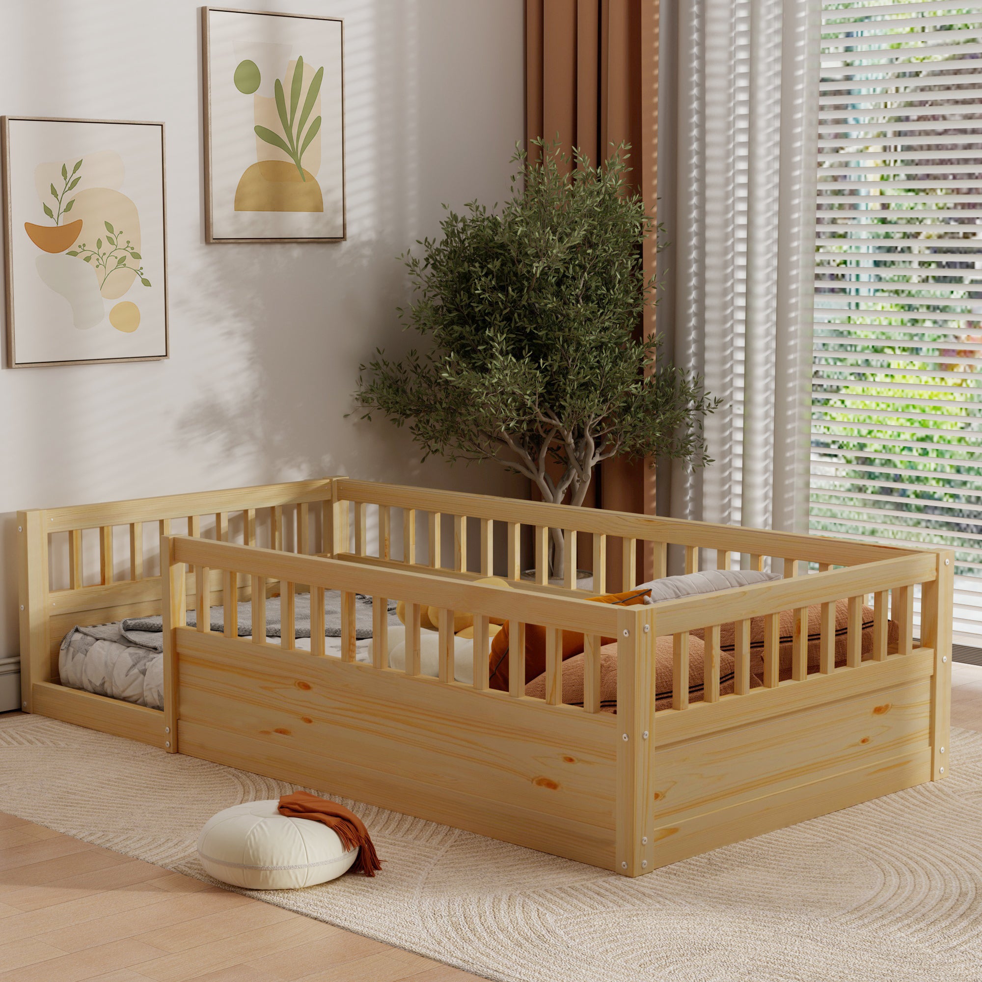 Twin Floor Bed Frame With Fence, Wood Kids Floor Beds Frame For Bedroom Playroom,Natural Expect Arrive Date Jun. 21St Twin Natural Pine