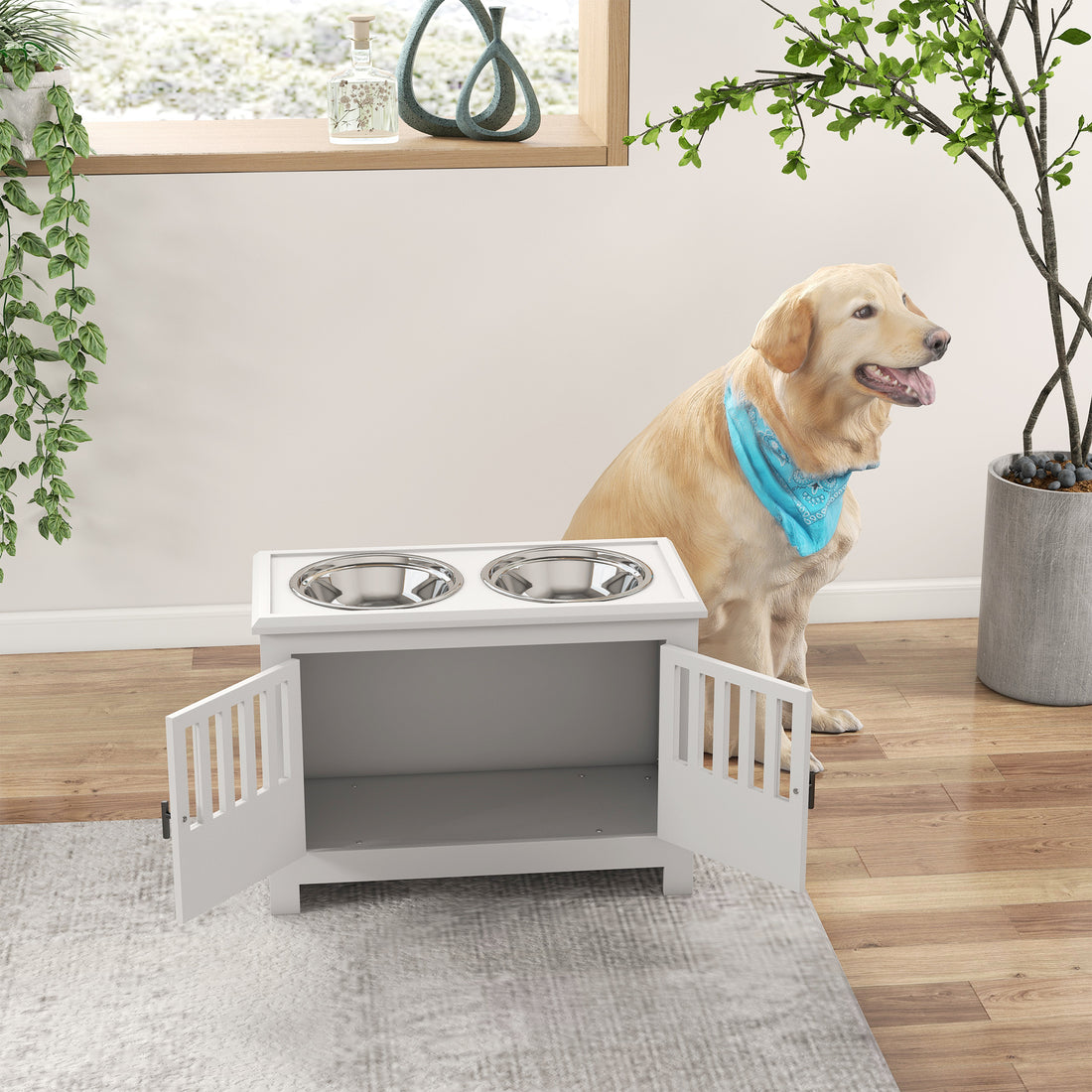 Pawhut Large Elevated Dog Bowls With Storage Cabinet Containing Large 37L Capacity, Raised Dog Bowl Stand Pet Food Bowl Dog Feeding Station, White White Mdf