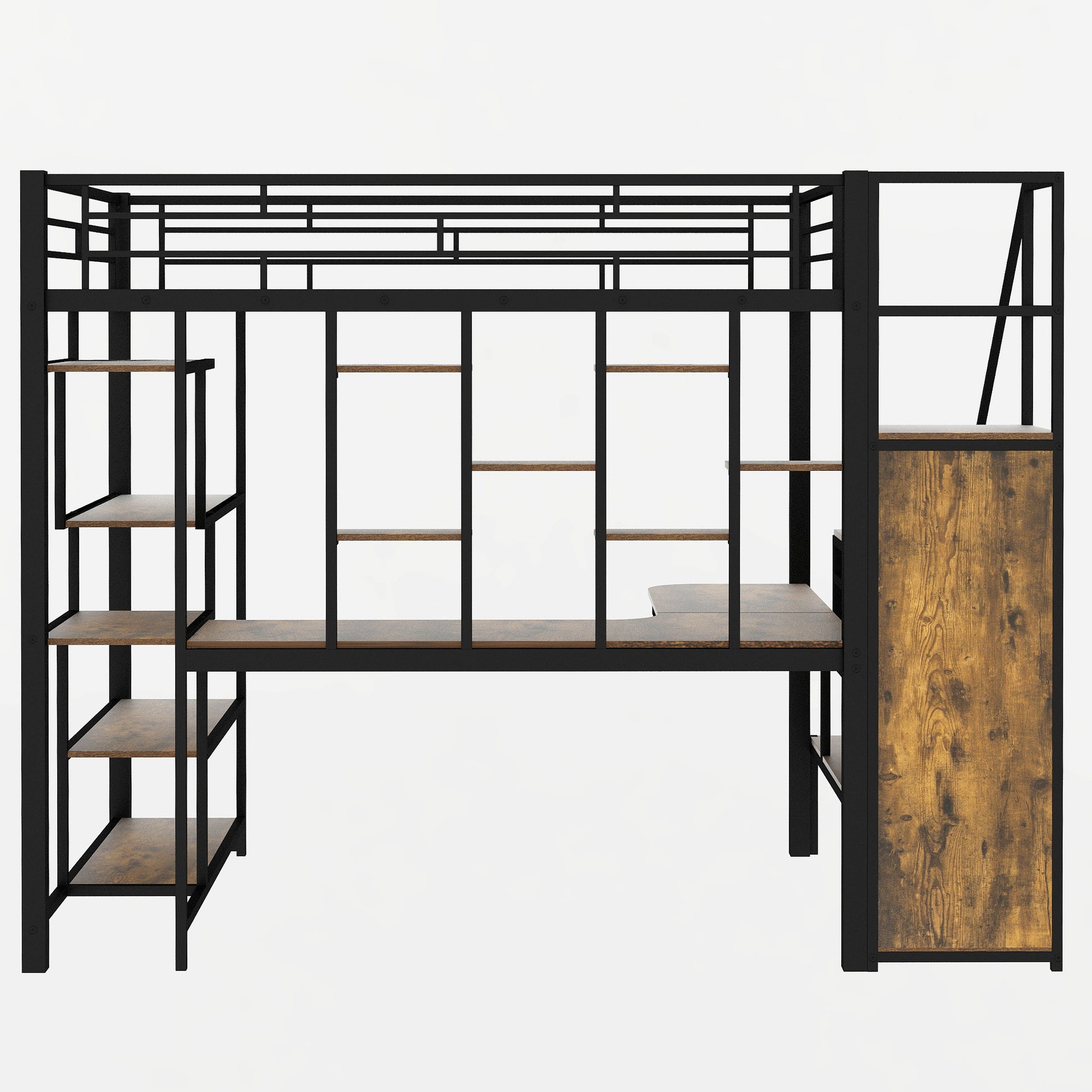 Full Size Metal Loft Bed With Storage Staircase And Small Wardrobe, Built In Desk And Storage Shelves, Black Full Black Metal