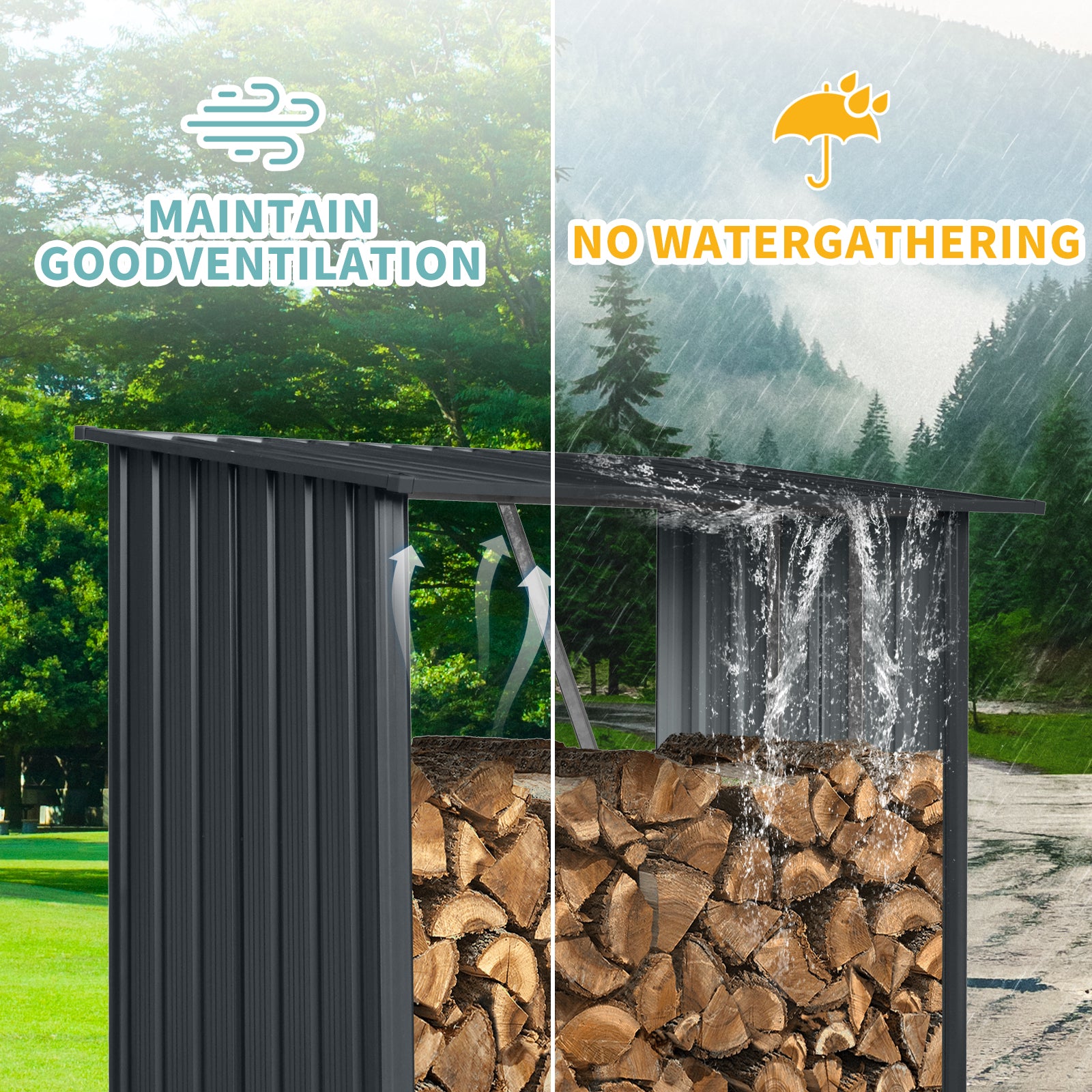 3Ft X 5Ft Outdoor Meta Firewood Rack ,Open Wood Shed For Firewood, Pellet, Or Lumber Storageblack Black Metal