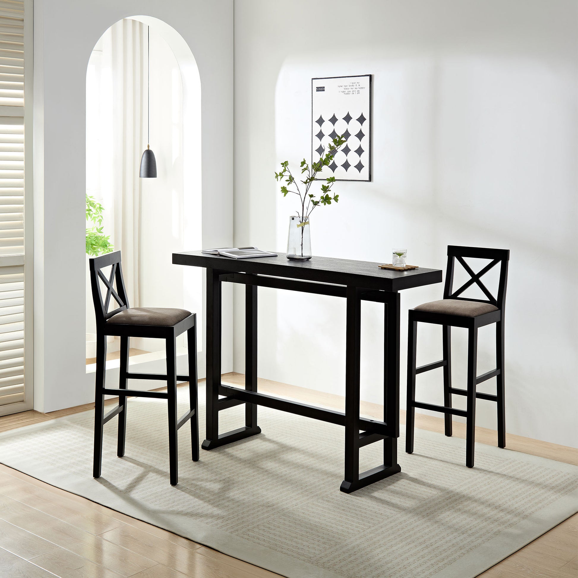 Bar Table, Extra Long Entryway Table For Entryway, Hallway, Living Room, Foyer, Corridor, Rectangular Wood High Top Kitchen Dining Table, Black Matt Black Solid Wood Mdf