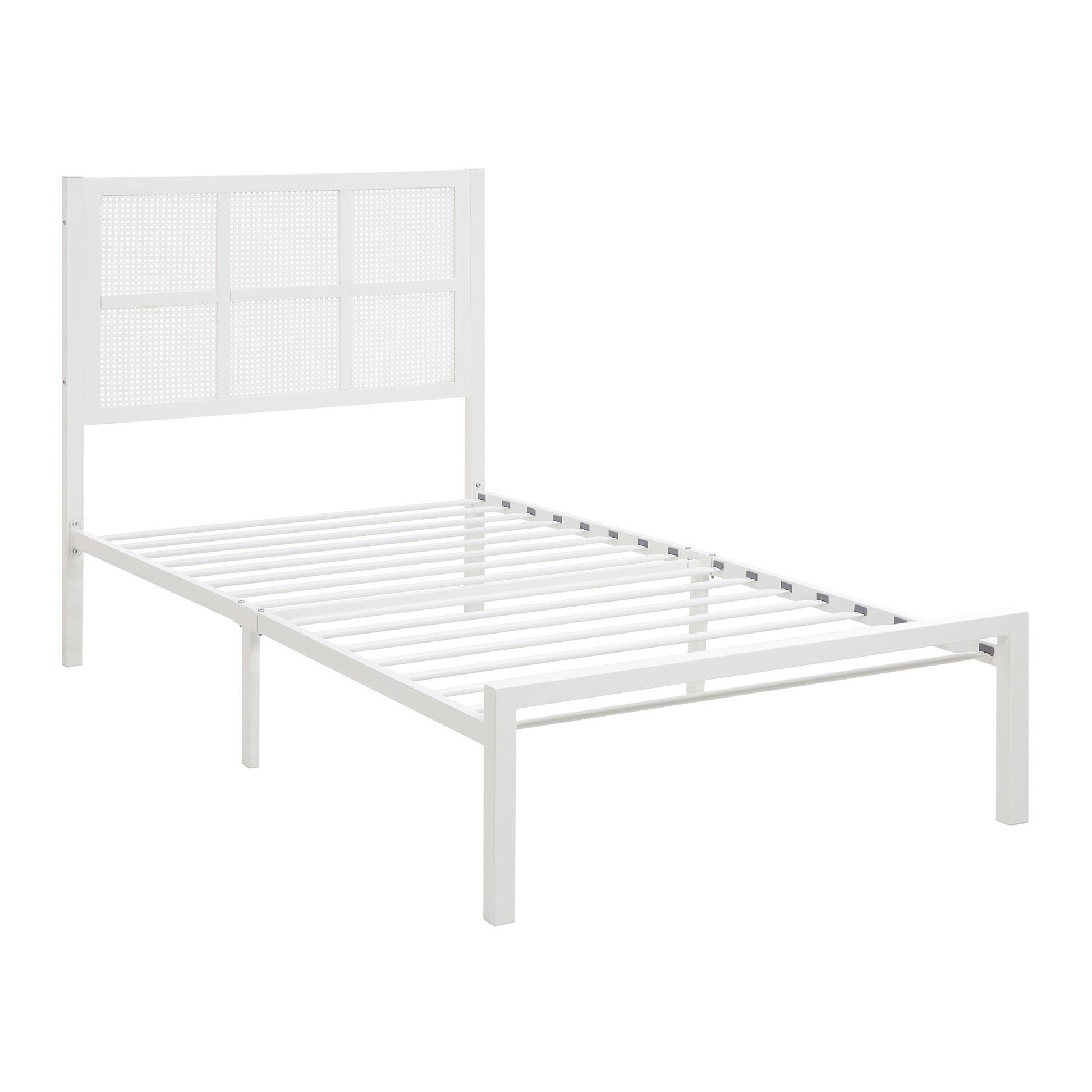 1Pc Twin Platform Bed, Metal Frame White Finish Faux Cane Panel Headboard Casual Coastal Bedroom Furniture, Bed In A Box Box Spring Not Required Twin White Metal Bedroom Casual,Coastal Metal