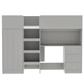 Wood Full Size Loft Bed With Built In Wardrobe, Desk, Storage Shelves And Drawers, Grey Box Spring Not Required Full Grey Wood Bedroom Bed Frame Solid Wood Mdf