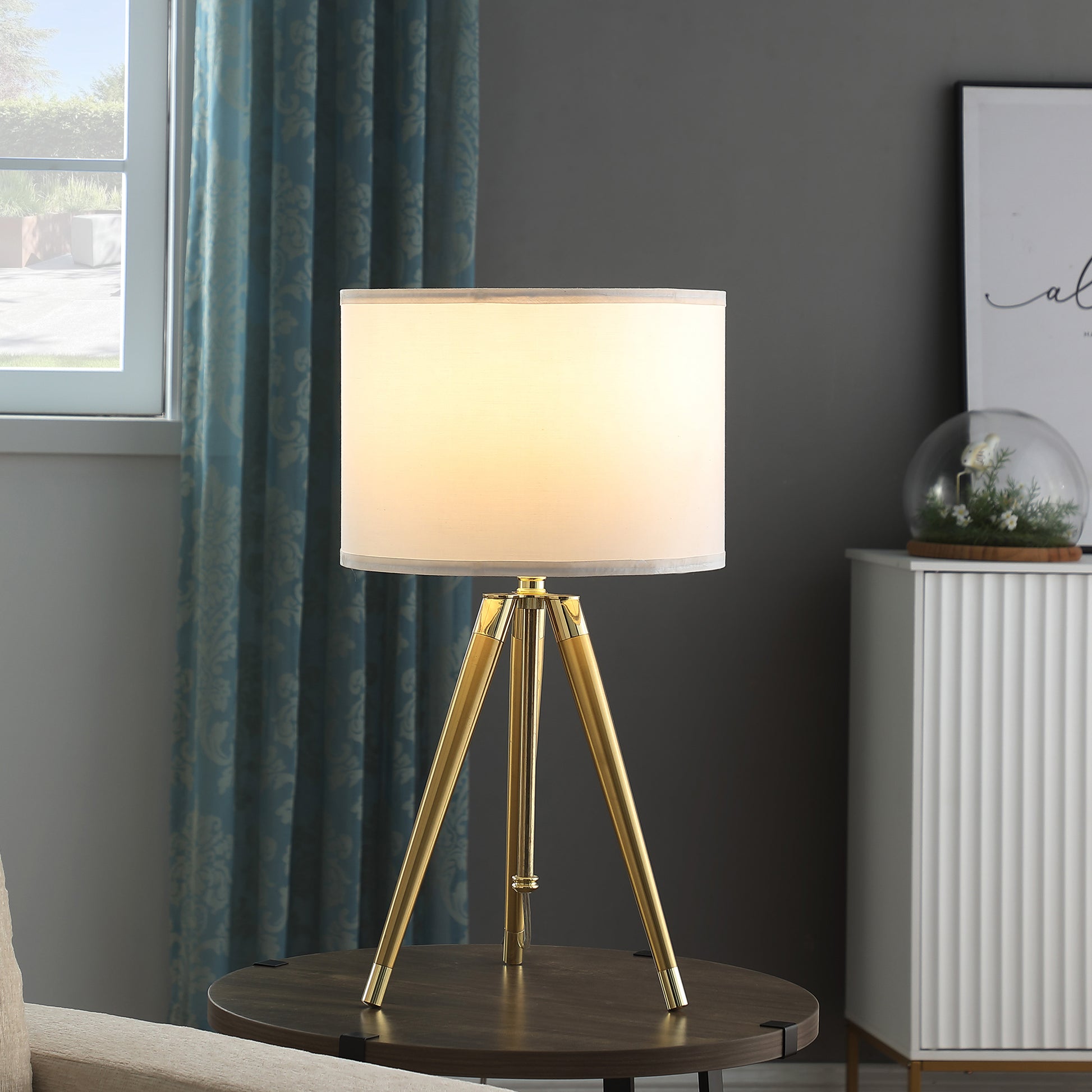 35.5" 25.75"H Adjustable Hieght Brass Shiny Gold Modern Tripod Table Lamp For Living Room, Nightstand Bedside Table Lamp For Bedroom, Led Lamp Gold White Fabric Metal