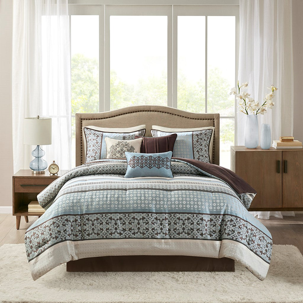 7 Piece Comforter Set Blue Queen Queen Blue Polyester