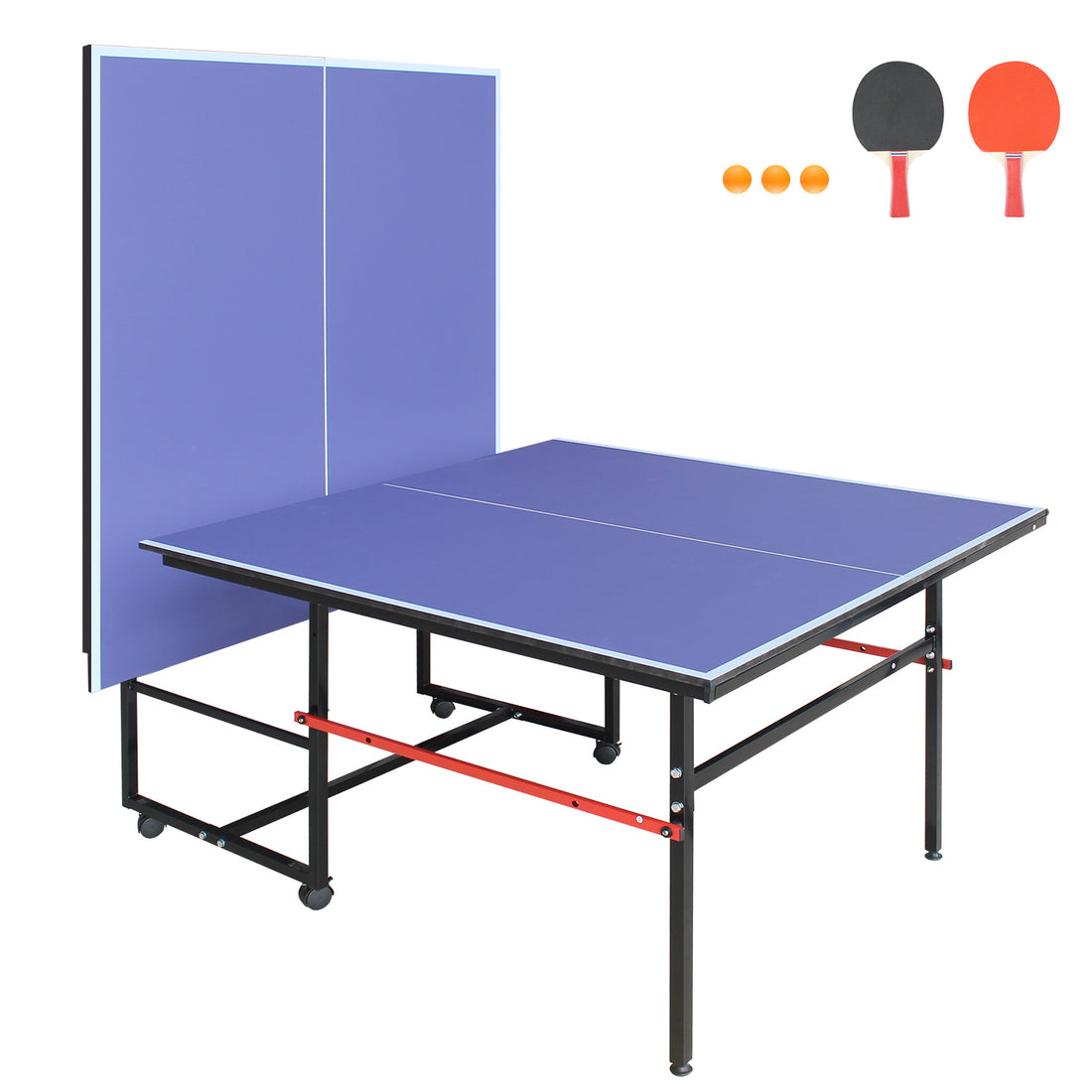 8Ft Mid Size Table Tennis Table, Foldable Ping Pong Table For Indoor & Outdoor Games With Net, 2 Table Tennis Paddles And 3 Balls Blue Mdf