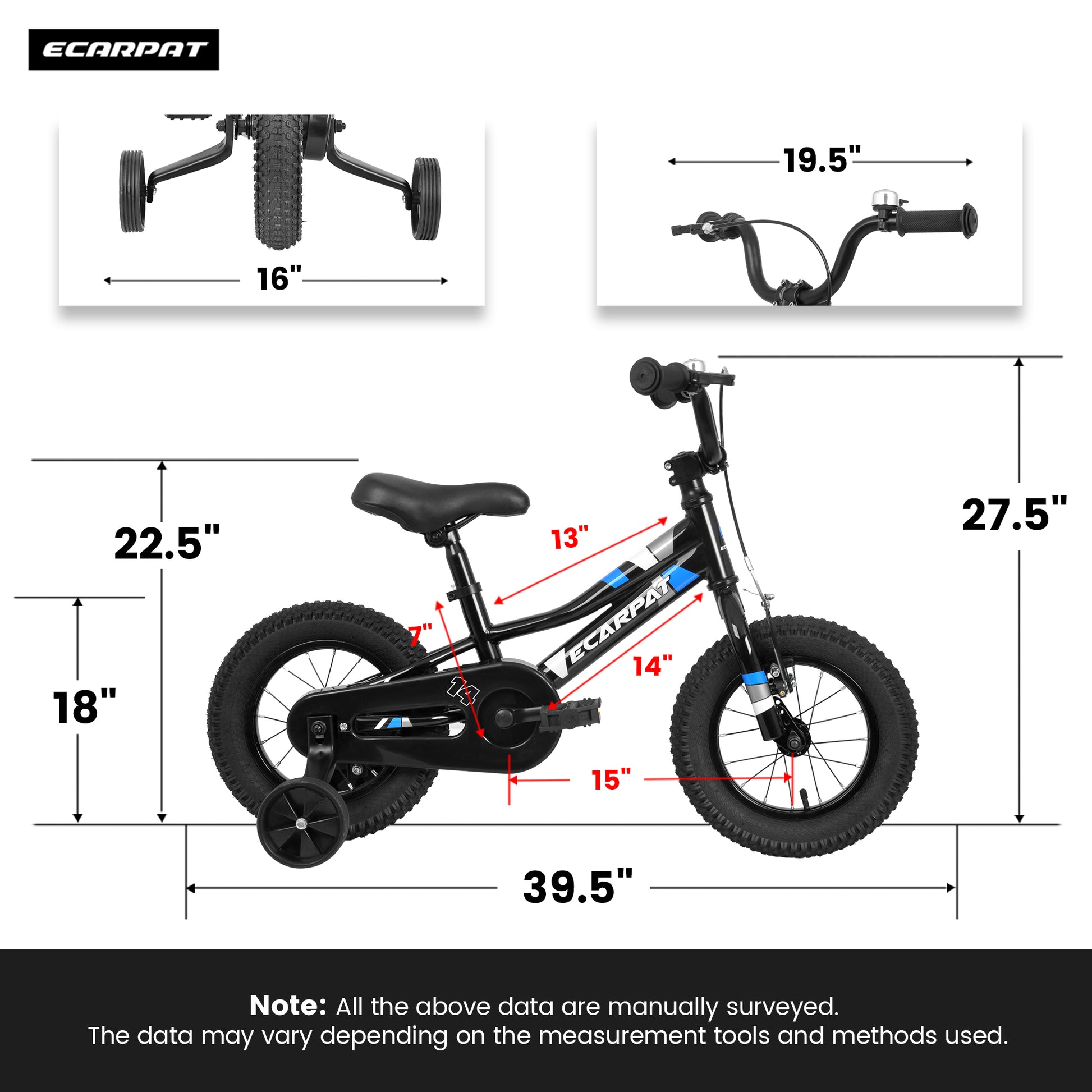 A14117 Ecarpat Kids' Bike 14 Inch Wheels, 1 Speed Boys Girls Child Bicycles For2 4Years, With Removable Training Wheels Baby Toys, Front V Brake, Rear Holding Brake Black Cute Polyurethane Foam 3 To 4 Years Carbon Steel Outdoor