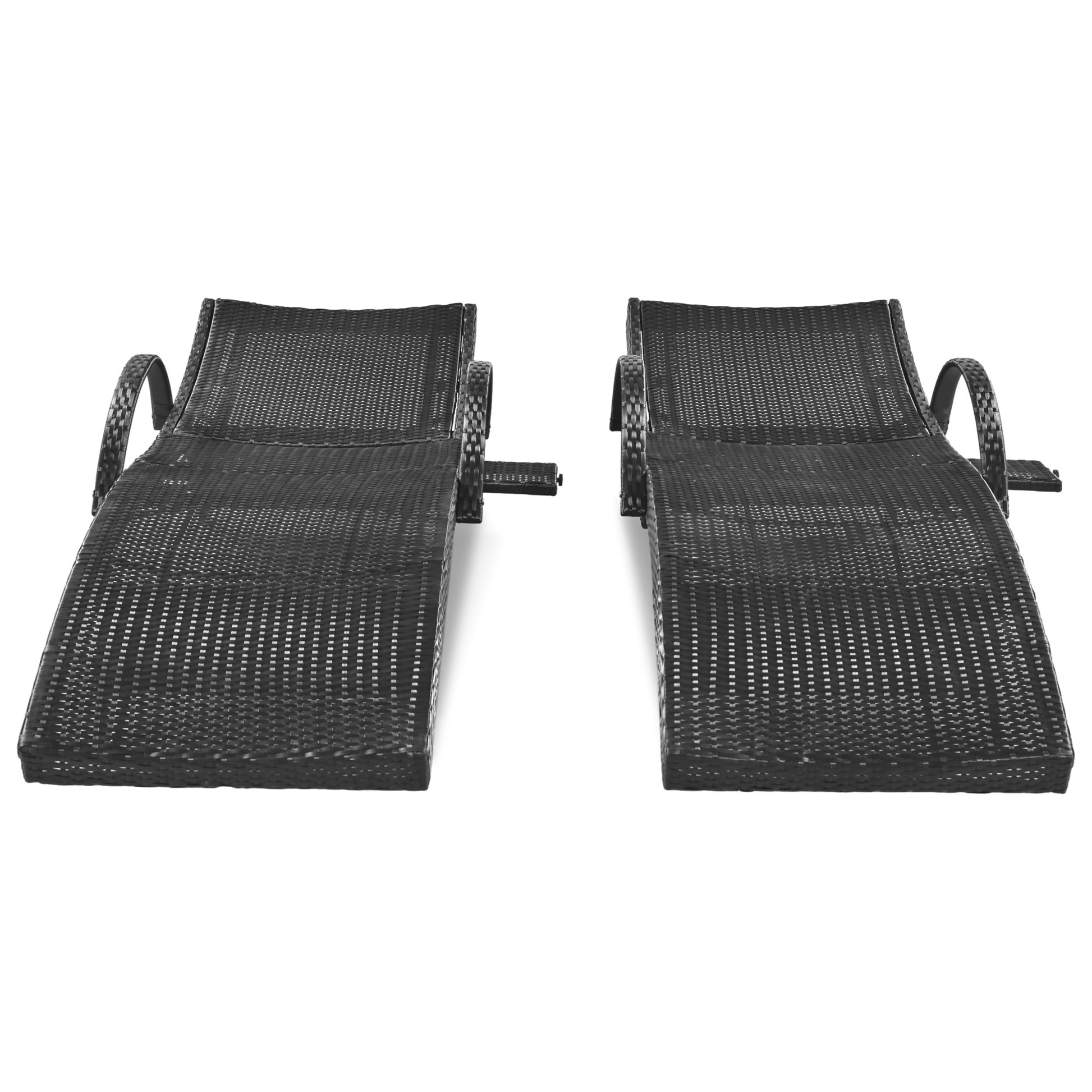 K&K 80'' Outdoor Wicker Chaise Lounge Chairs Set Of 2, Patio Rattan Reclining Chair Pull Out Side Table Adjustable Backrest Ergonomic Wave Design Pool Sunbathing Recliners, Black No Lounge Black