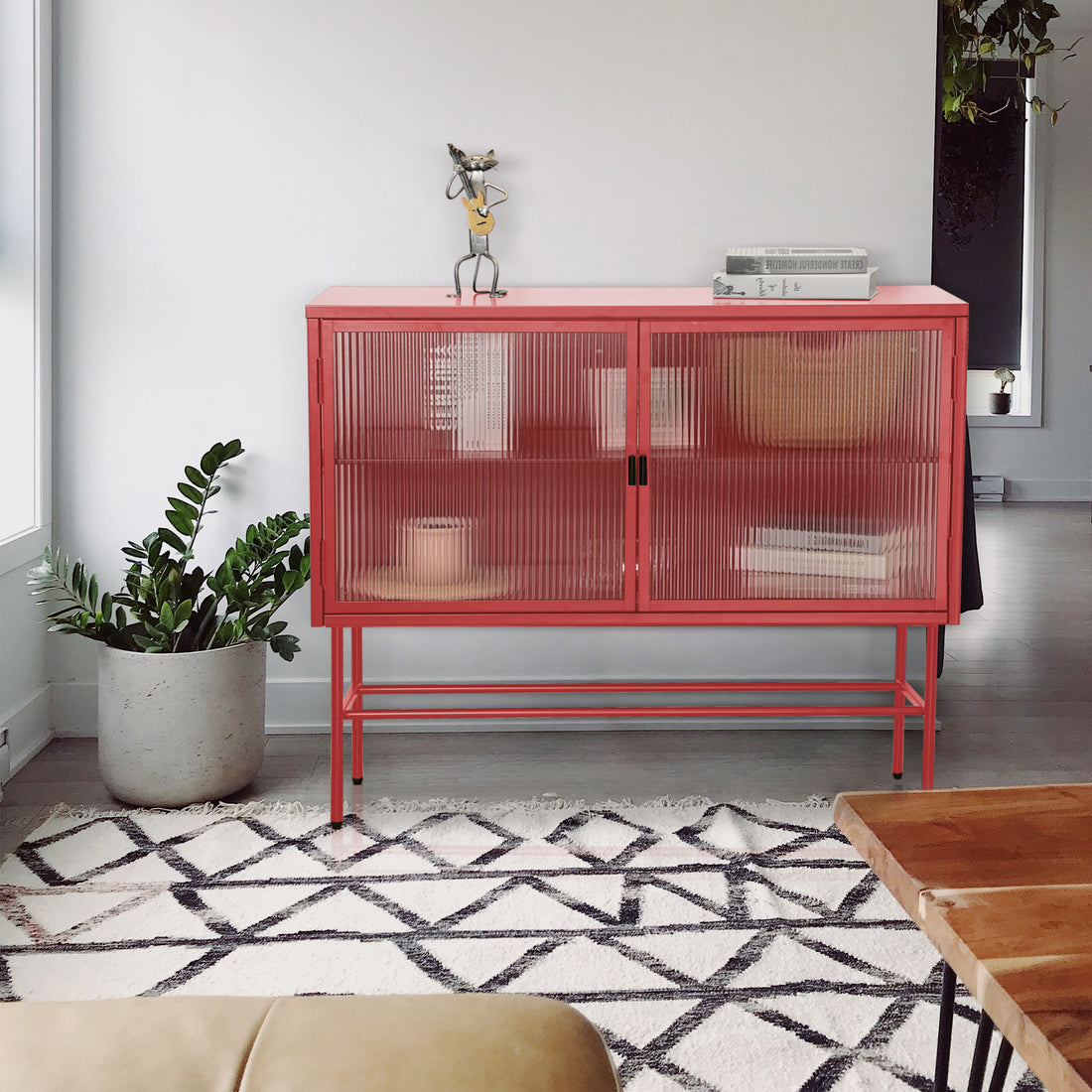 Red Sideboard Storage Cabinet With Two Fluted Glass Doors Detachable Shelves Bottom Space For Living Room, Office, Dinging Room And Entryway Old Sku:W68751711 Red Steel