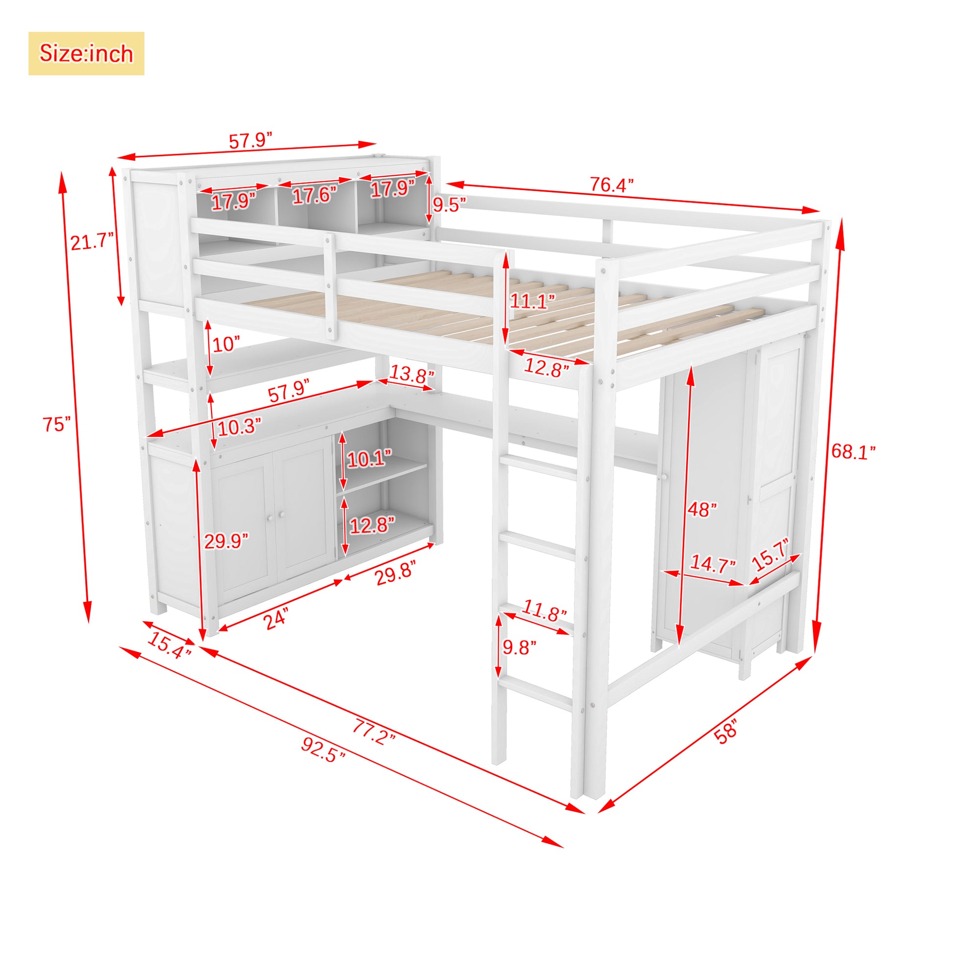 Wood Loft Bed With Cabinet And Bookshelf, Full Size Loft With Wardrobe And Desk For Kids,White Expect Arrival Date 2024 8 25 Full White Pine