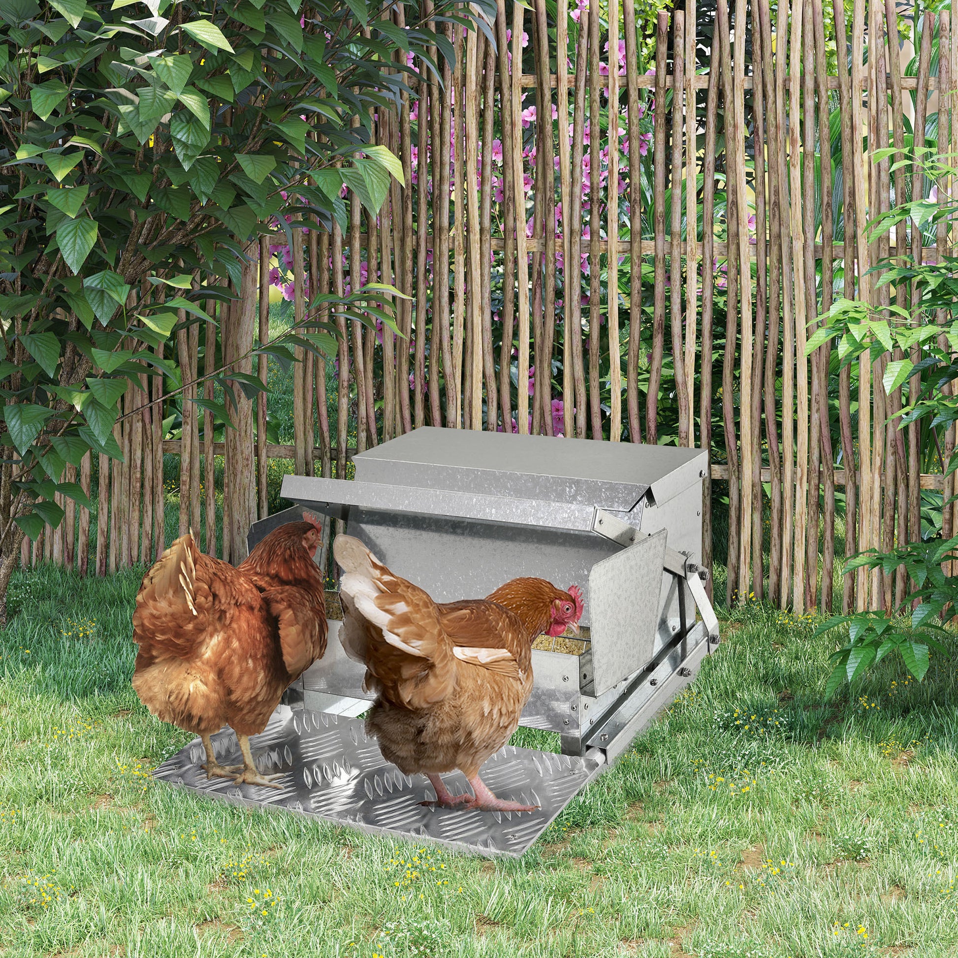 Pawhut 25 Lbs Capacity Automatic Chicken Poultry Feeder With A Galvanized Steel And Aluminium Build, Weatherproof Design Silver Aluminum