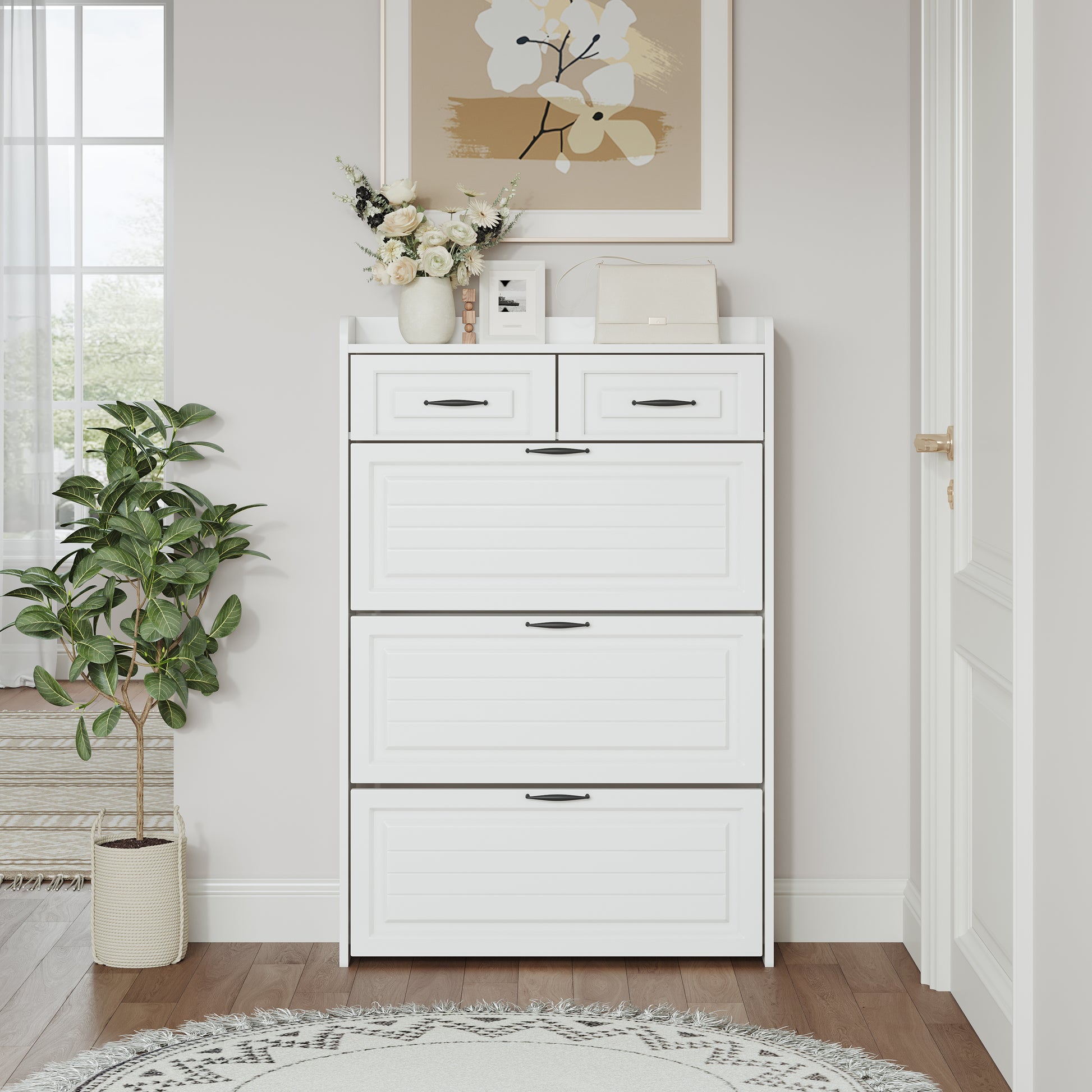 1250 White Color Shoe Cabinet With 3 Doors 2 Drawers,Large Space For Storage White Particle Board Mdf