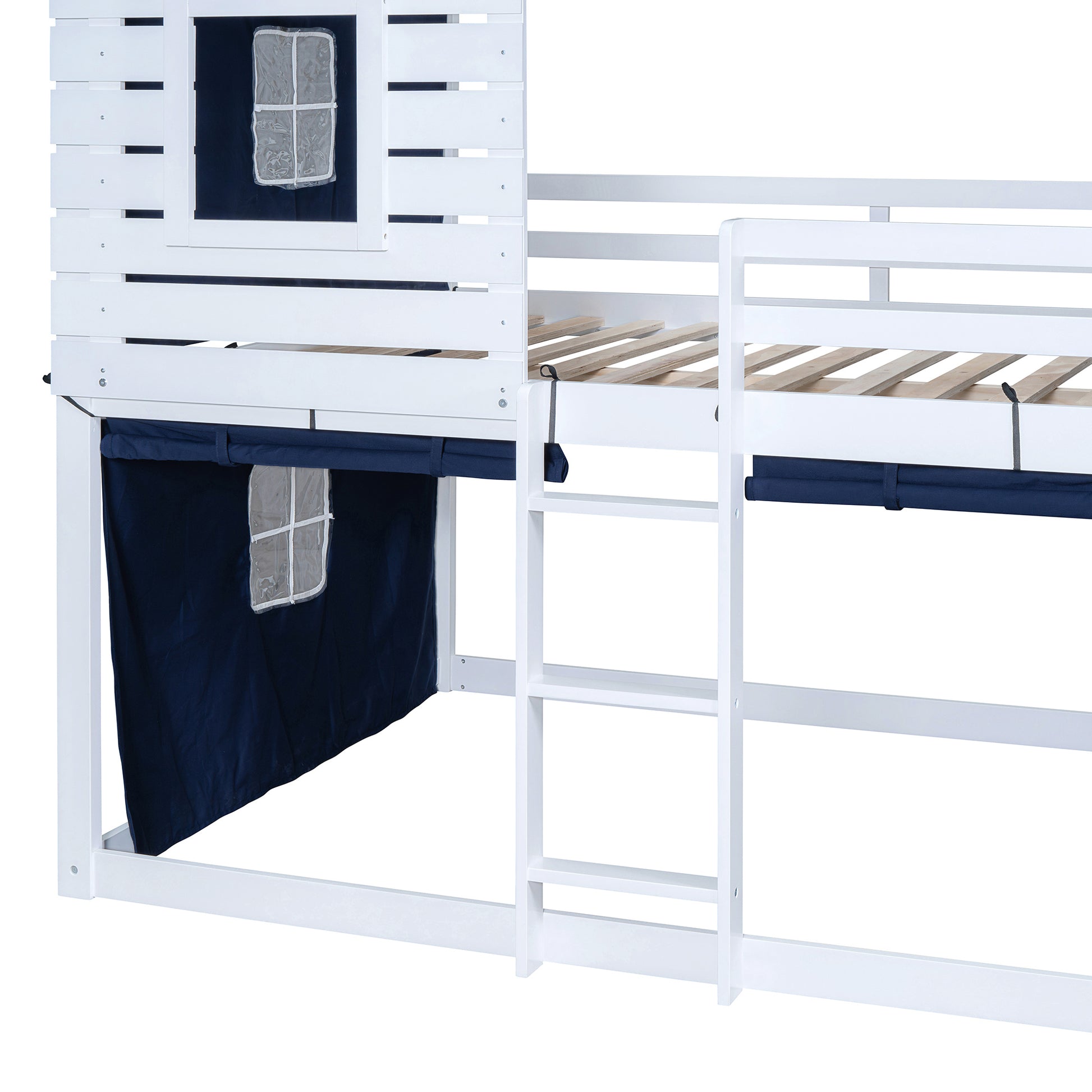 Full Size Bunk Wood House Bed With Tent, Blue White Full Blue Solid Wood Mdf