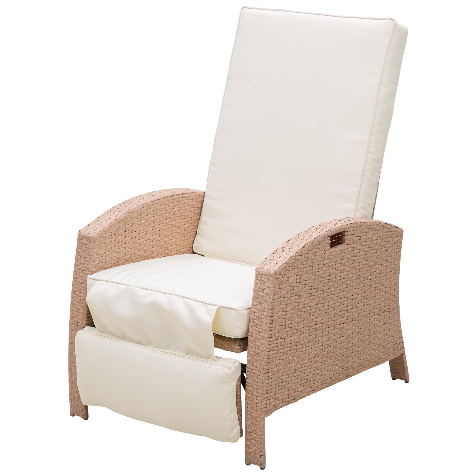 Outsunny Patio Recliner, Outdoor Reclining Chair With Flip Up Side Table, All Weather Wicker Metal Frame Chaise With Footrest, Cushions, Beige Beige Steel