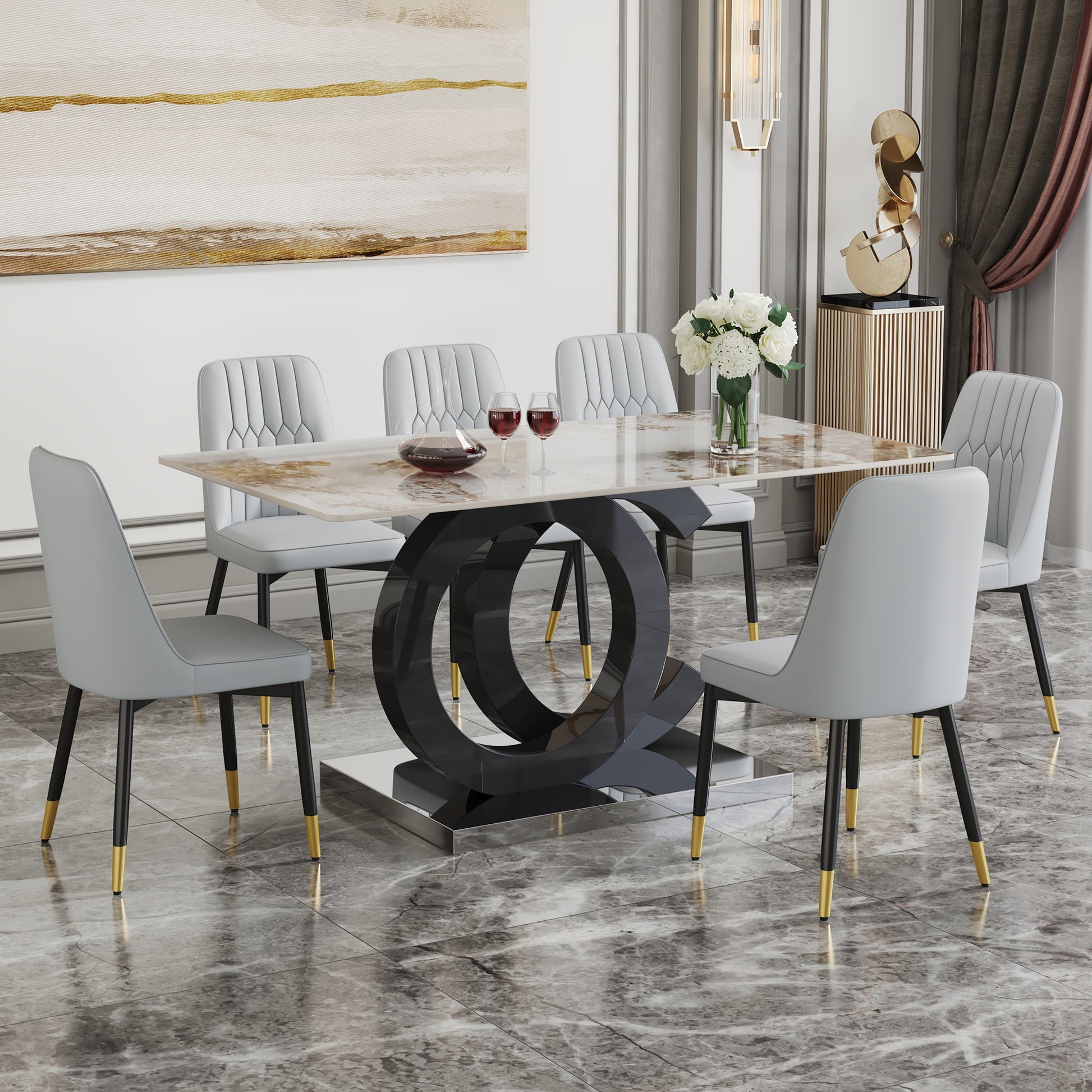 Table And Chair Set.63"X31.5" Marble Pattern Sintered Stone Table With Mdf Oc Shaped Bracket.Paired With 6 Light Gray Chairs With Pu Cushions And Black Metal Legs.Suitable For Kitchen,Dining