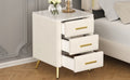 Upholstered Wooden Nightstand With 3 Drawers And Metal Legs&Handles, Bedside Table With Marbling Stickers Worktop Beige Beige Velvet