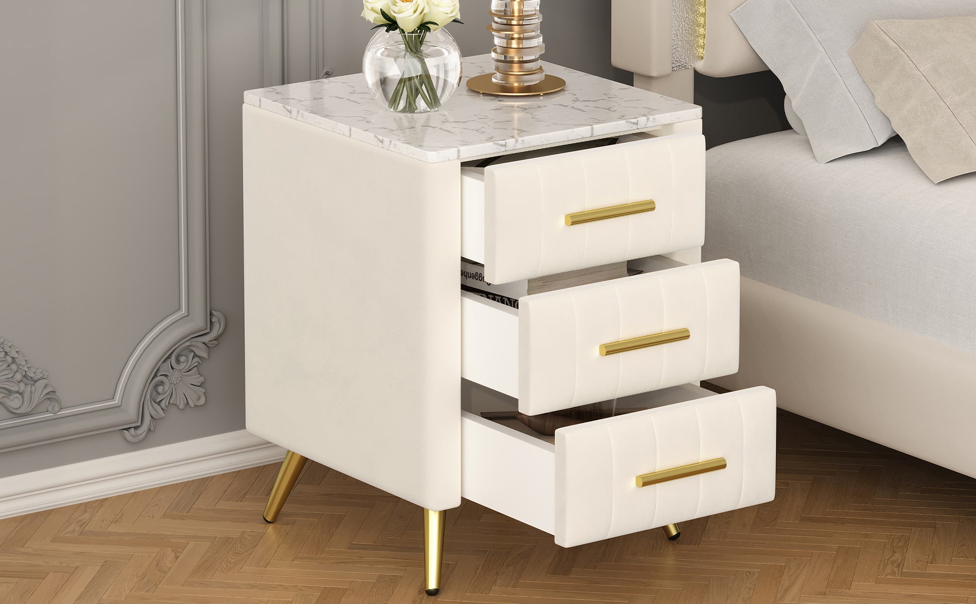 Upholstered Wooden Nightstand With 3 Drawers And Metal Legs&Handles, Bedside Table With Marbling Stickers Worktop Beige Beige Velvet