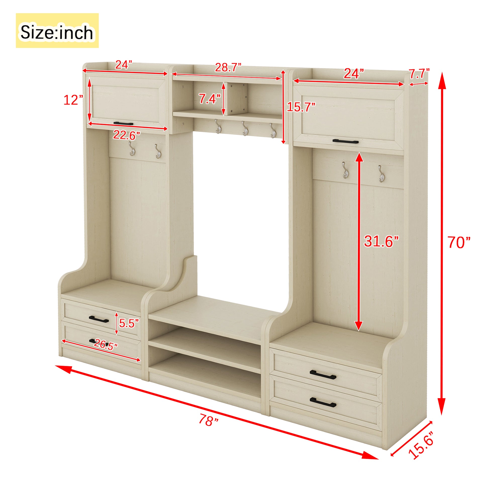 4 In 1 Detachable Hall Tree With Storage And 7 Hooks, Multiple Functions Hallway Coat Rack With Storage Drawers And Cabinet, Antique Beige Shoe Bench For Entryway Hallway Beige Particle Board Mdf