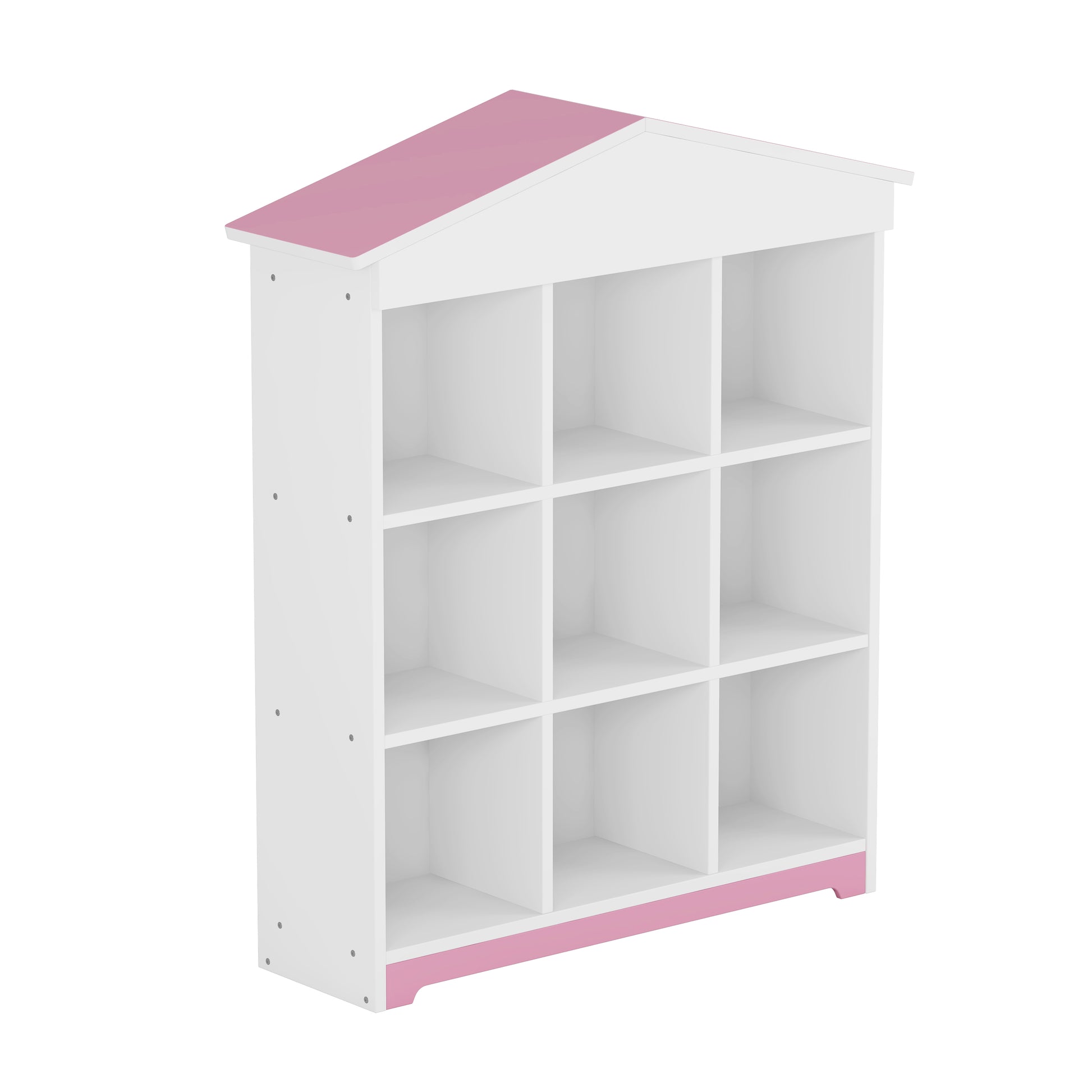 House Shaped Storage Rack With Nine Storage Compartments, Three Layer Storage Shelf With Colorblock Design, White Pink Pink White Particle Board