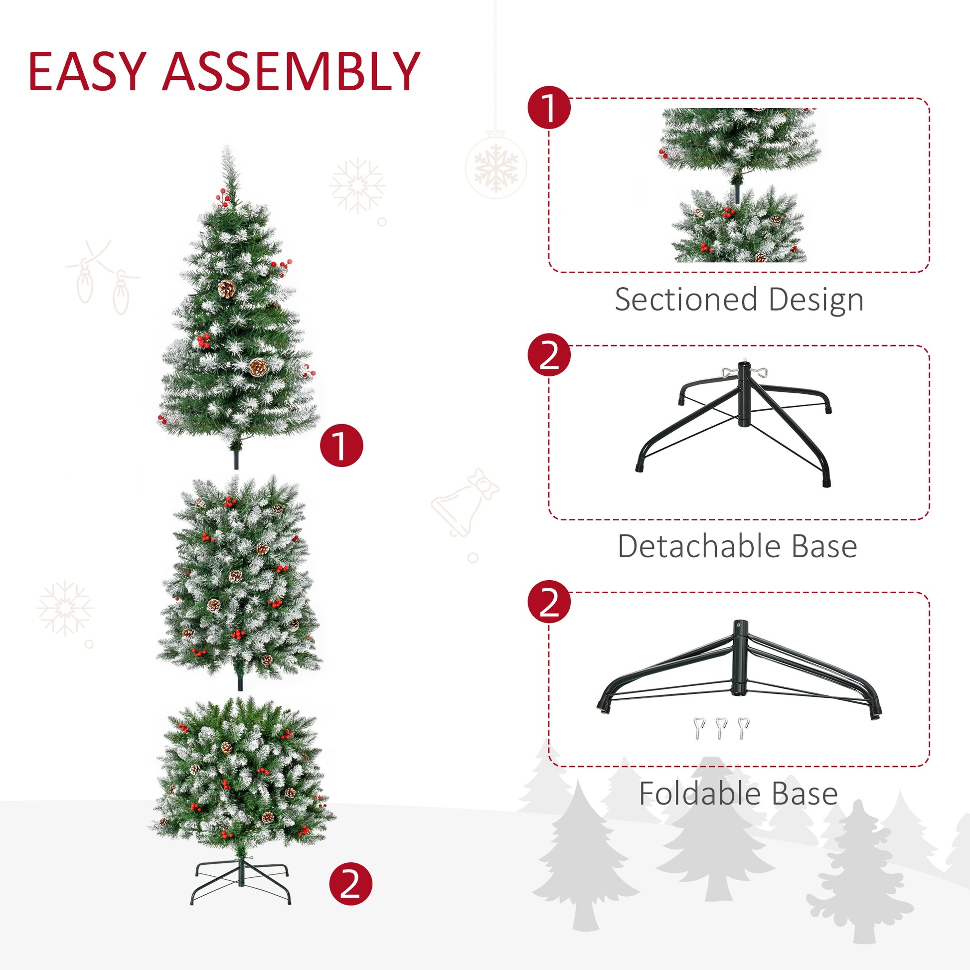 Homcom 7.5Ft Pre Lit Snow Dipped Artificial Christmas Tree With Realistic Branches, 350 Led Lights, Pine Cones, Red Berries And 1075 Tips Green Pvc