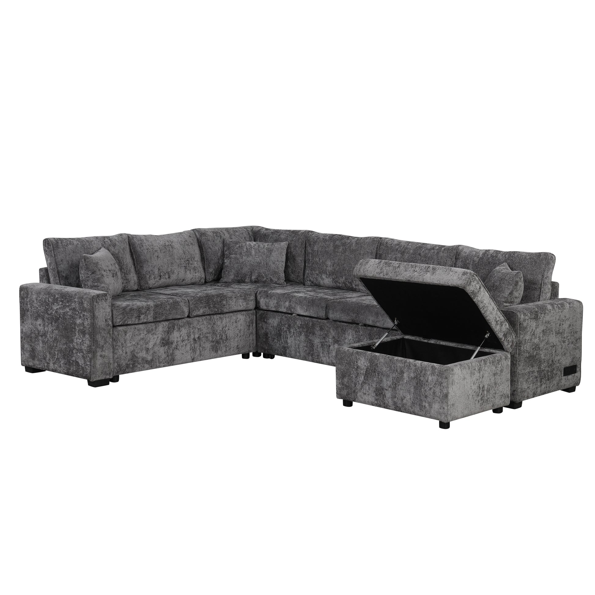 112.2" Sectional Sofa Pull Out Sofa Bed Sleeper With A Storage Ottoman,Three Pillows And Charging Devices For Living Room, Grey Grey Foam Chenille 6 Seat