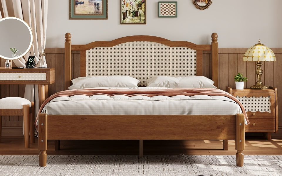 Queen Size Wooden Platform Bed With Natural Rattan Headboard, Vintage Bed Frame With Wooden Slat Support, Walnut Expected Arrival Time: 08.23 Box Spring Not Required Queen Walnut Wood