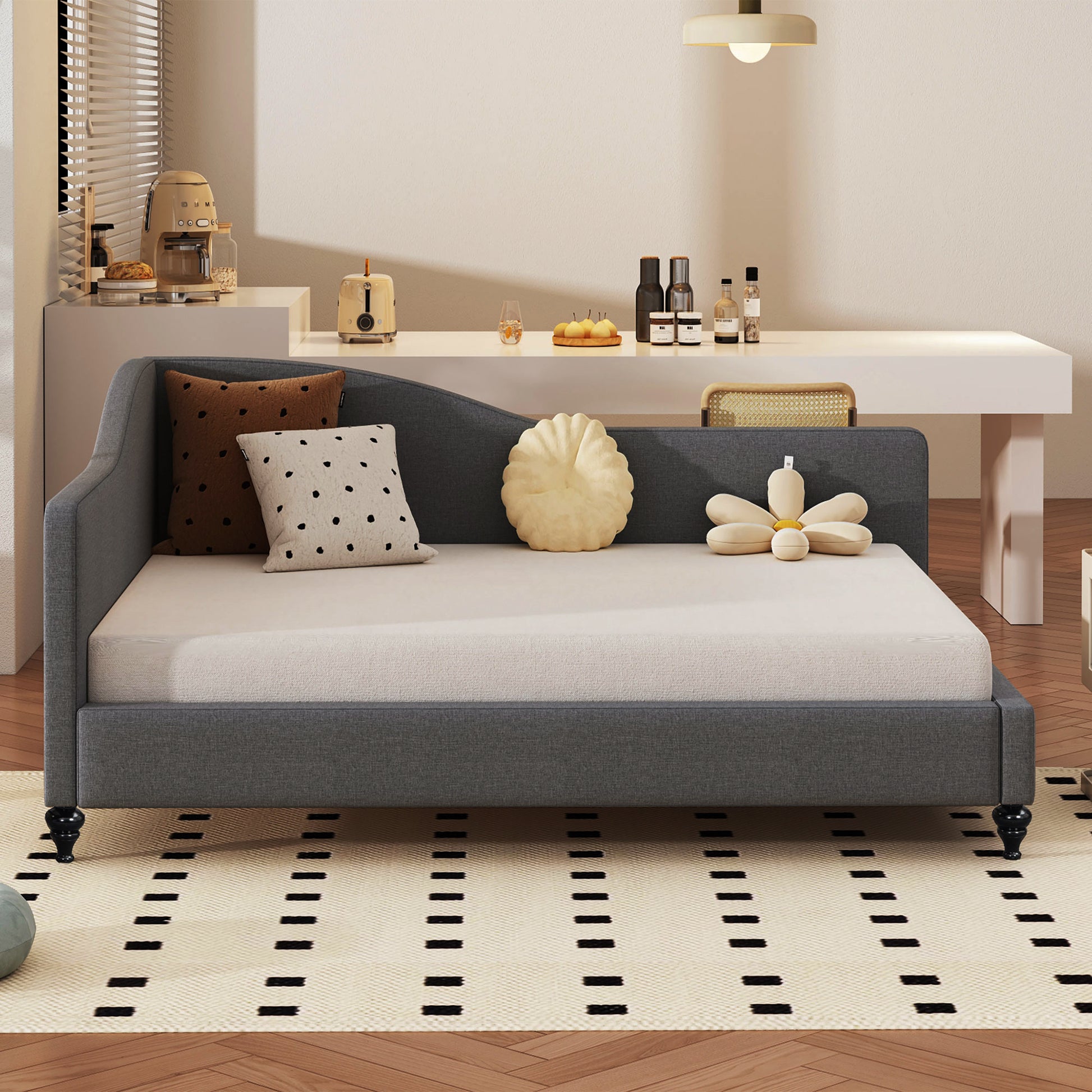 Full Size L Shaped Linen Daybed, With Solid Wood Legs, Gray Old Sku: Sf000146Aae Full Gray Linen Mdf