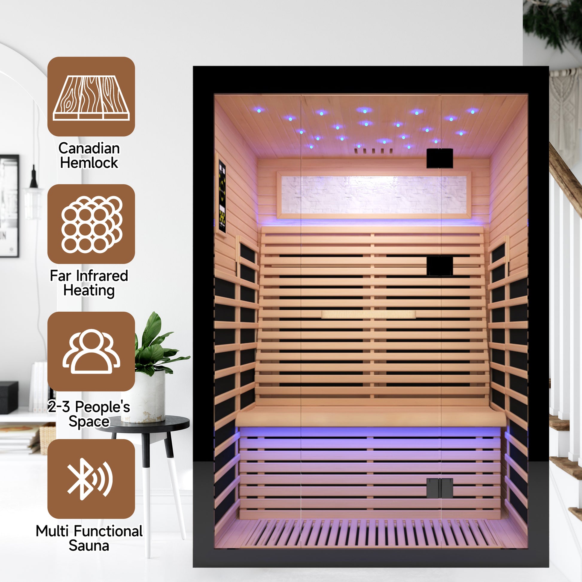 Luxury Double Sauna Room Black Natural Wood Paper Glass