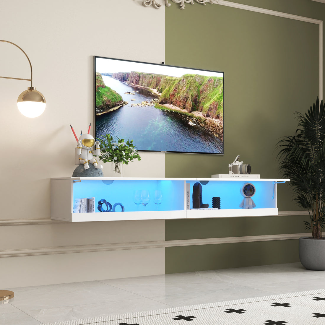 180 Wall Mounted Floating 80" Tv Stand With 20 Color Leds And Charging Station White 70 79 Inches Mdf