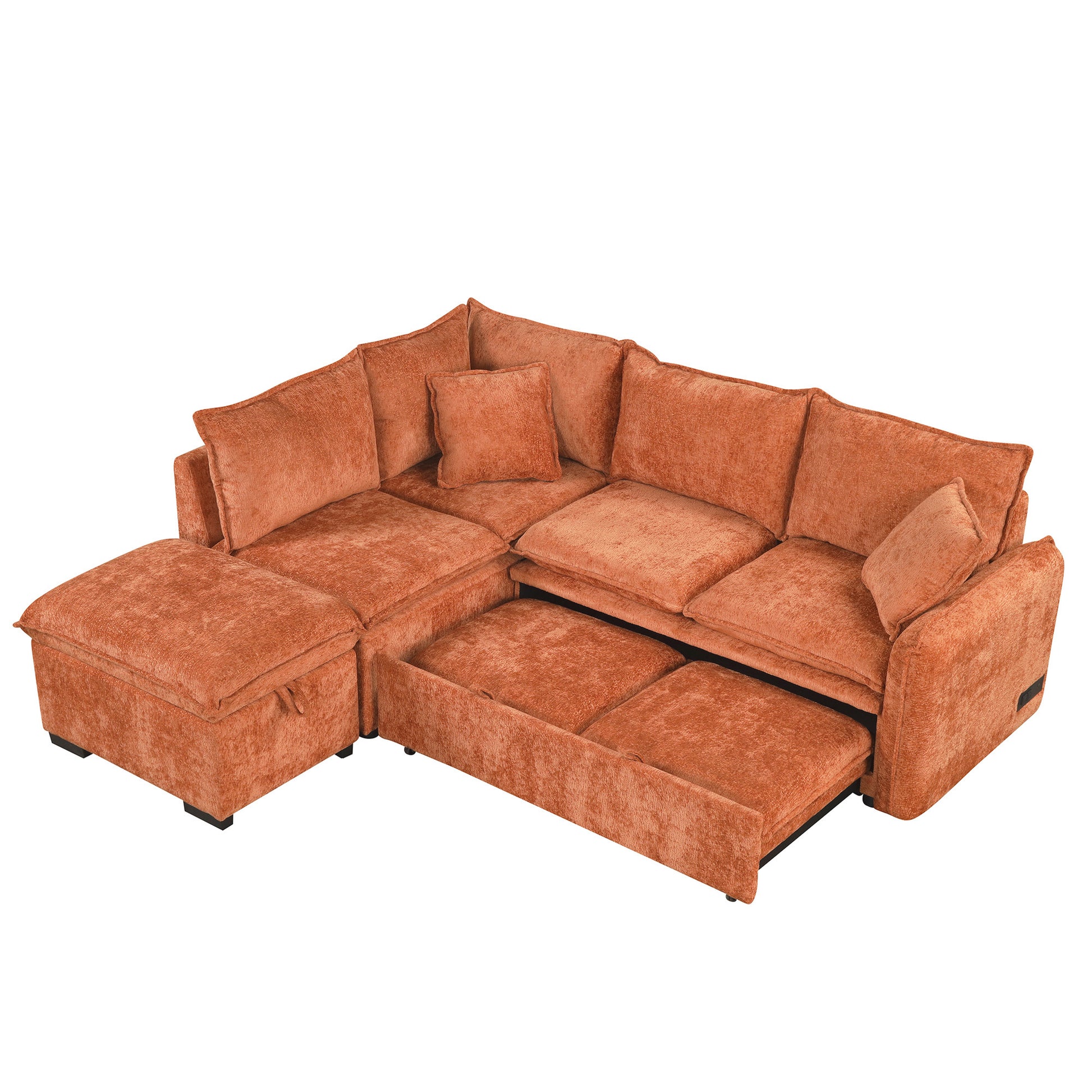 82.67"Convertible Sofa Bed Sectional Sofa Sleeper L Shaped Sofa With A Storage Ottoman,Two Pillows, Two Power Sockets And Two Usb Ports For Living Room, Orange Orange Foam Chenille 4 Seat