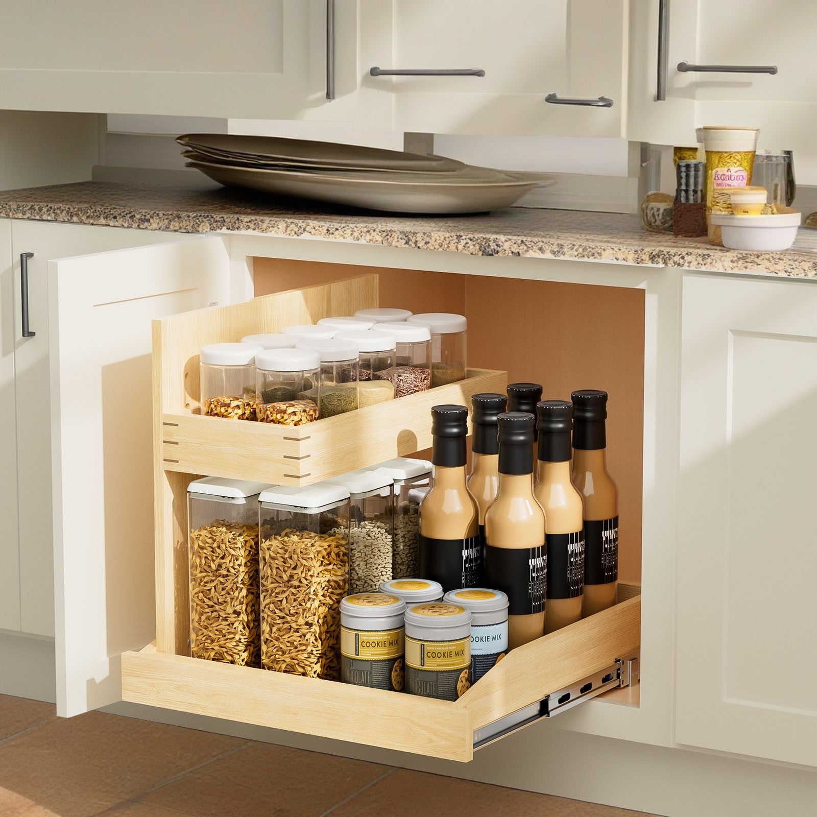 Under Sink Organizers And Storage 22 " W X 21" D, 2 Tier Pull Out Cabinet Organizer With Hard Close, Adjustable Pull Out Cabinet Organizer With U Bracket For Bathroom Kitchen Left Wood Wood