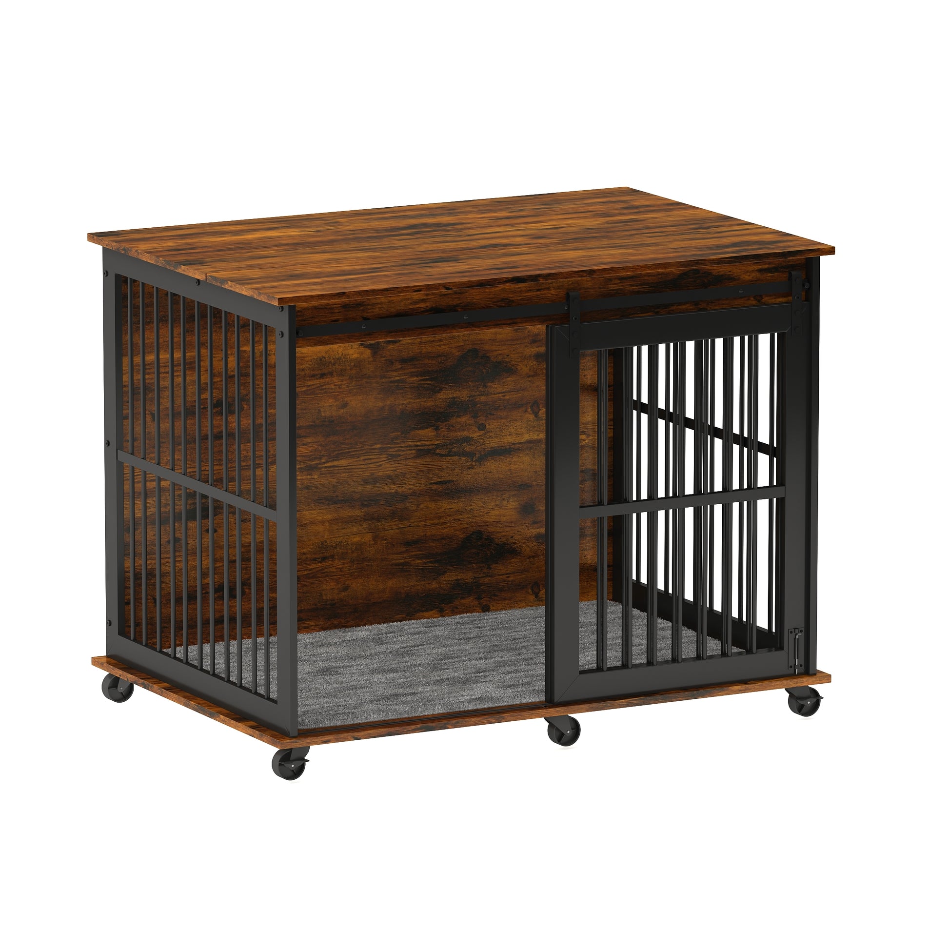 Furniture Dog Crate Sliding Iron Door Dog Crate With Mat. Rustic Brown,43.7''W X 30''D X 33.7''H . Rustic Brown Particle Board