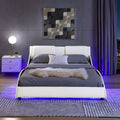 Queen Led Bed Frame Modern Faux Leather Upholstered Platform Bed Frame With Rgb Led Lights And Headboard Wave Like Curve Low Profile Bed Frame,Wood Slats Support,Easy Assembly, White Queen White Pu